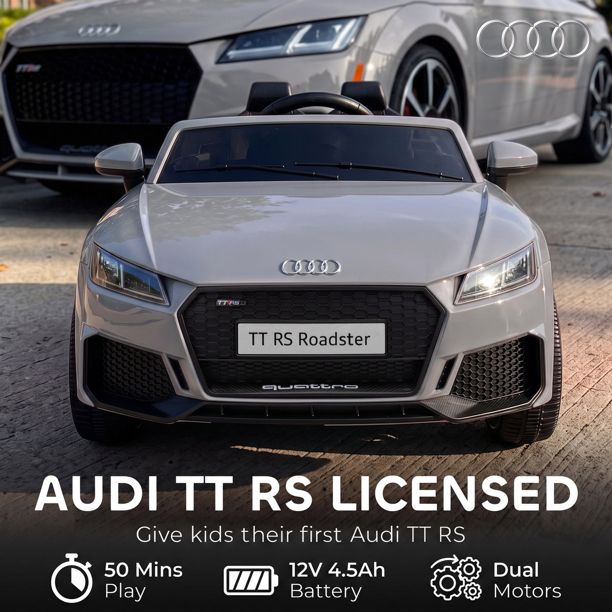 AIYAPLAY 12V Audi TT RS Licensed Electric Car, Electric Ride On Toy with Remote Control, Dual Motors, 4-Wheel Suspension, Grey