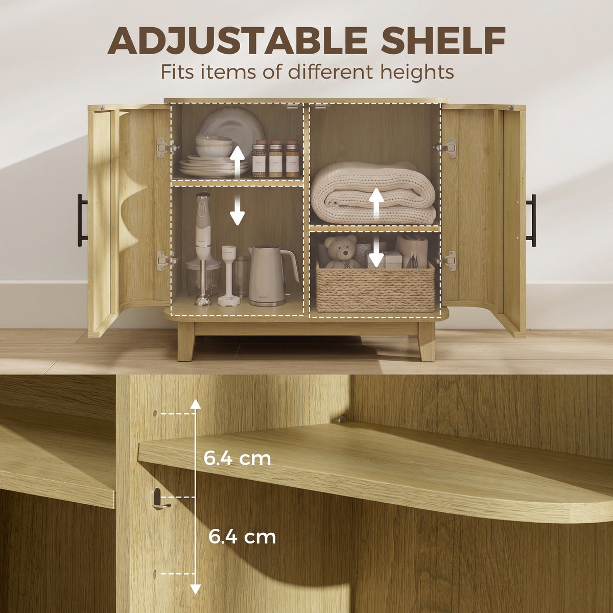 HOMCOM 80cm Sideboard Buffet Cabinet, Storage Cabinet with 2 Curved Doors, Adjustable Shelf and Legs for Dining Room, Oak
