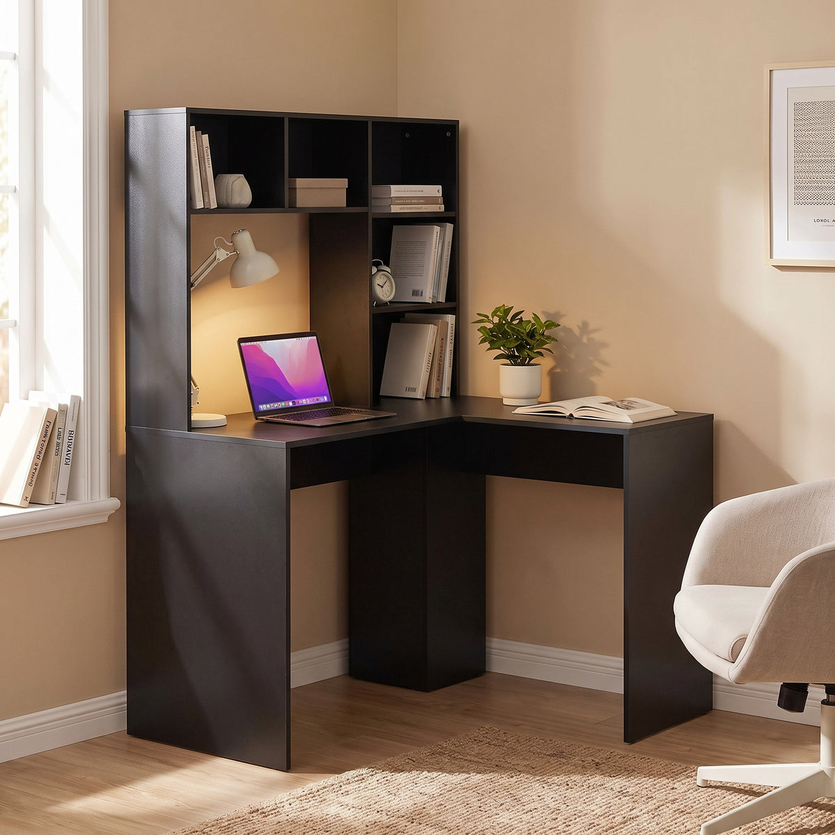 HOMCOM Modern Corner Computer Desk, L Shaped Desk with Monitor Stand and Storage Shelves for Home Office, Bedroom, Black
