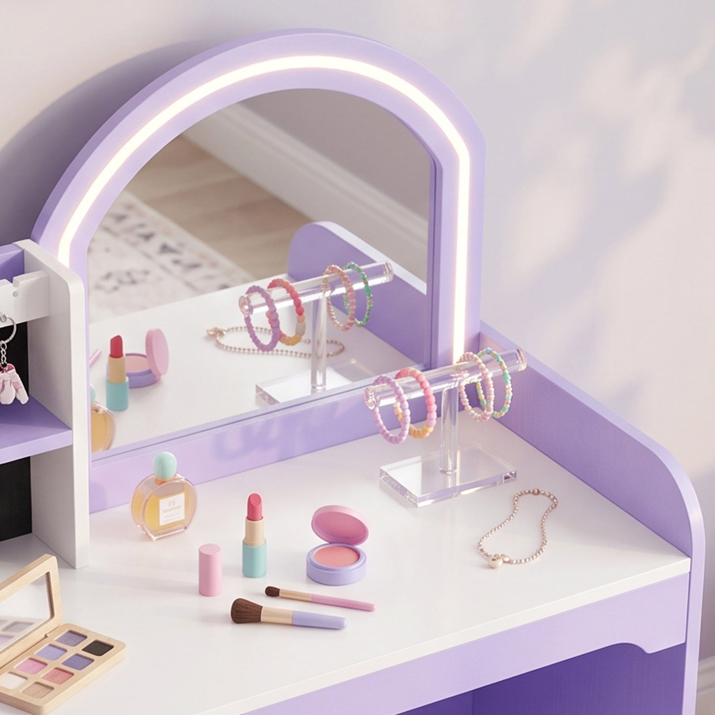 AIYAPLAY Kids Vanity Set, Girls Dressing Table with Stool, 2-Colour Lights Mirror, Pretend Dresser Gift for Ages 3-8, Purple