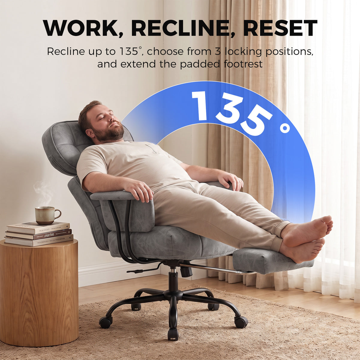 HOMCOM Office Chair, Big and Tall Desk Chair with Footrest, Wide Seat, Leathaire, Reclining Back, Swivel Wheels, Grey