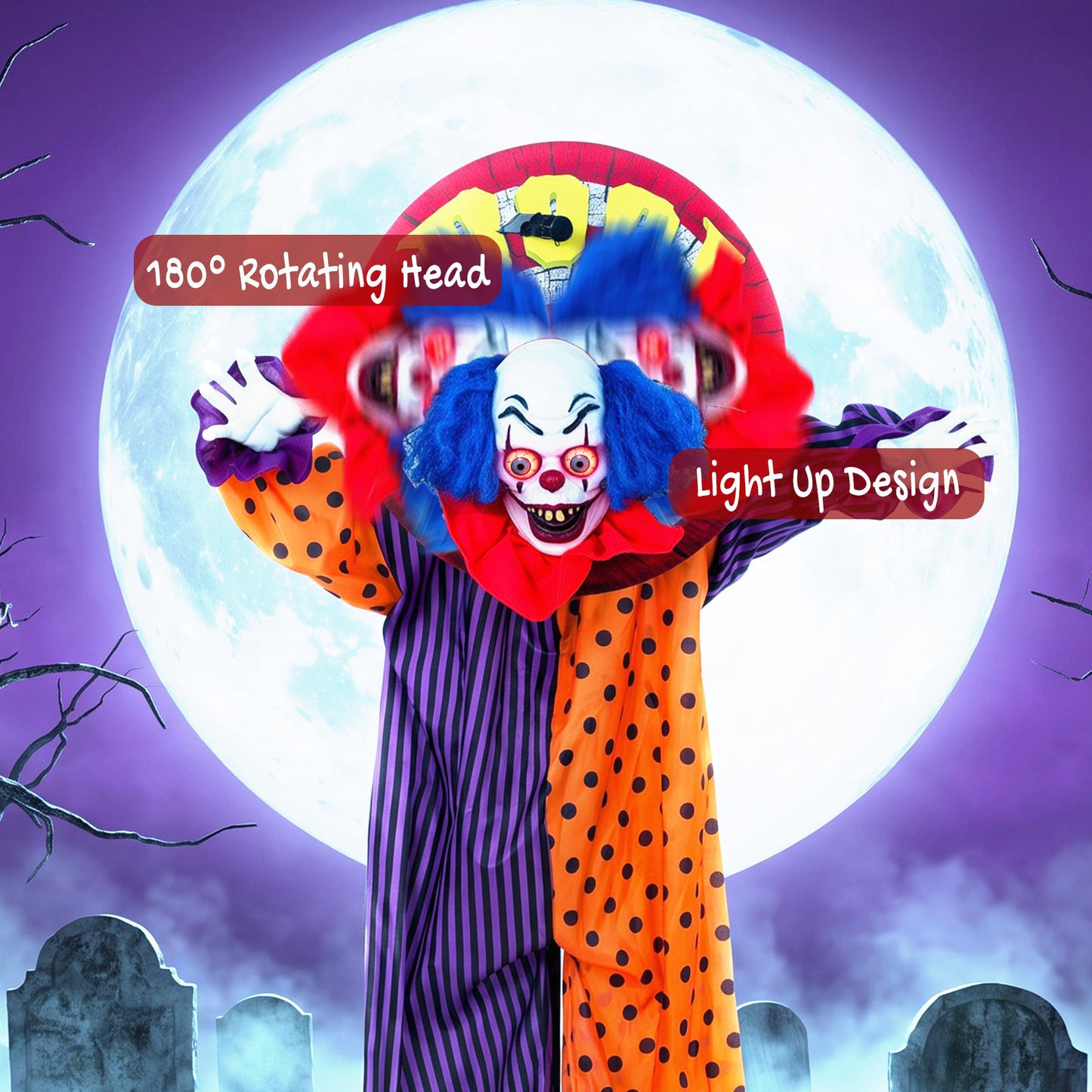 HOMCOM 167 cm Life Size Animated Clown Halloween Decoration, Scary Halloween Animatronics Decor with Sound Touch Activated