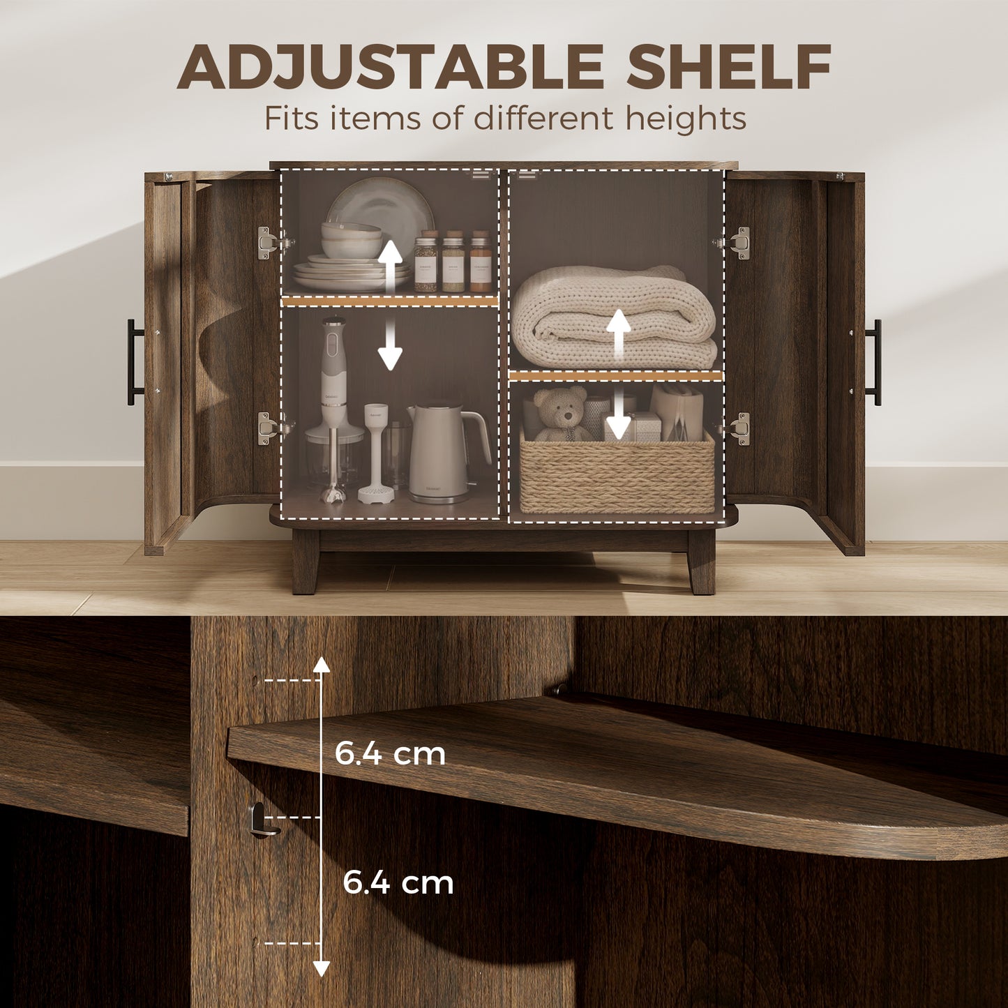 HOMCOM Sideboard Buffet Cabinet, Storage Cabinet with 2 Curved Doors, Adjustable Shelf and Legs for Dining Room, Dark Walnut