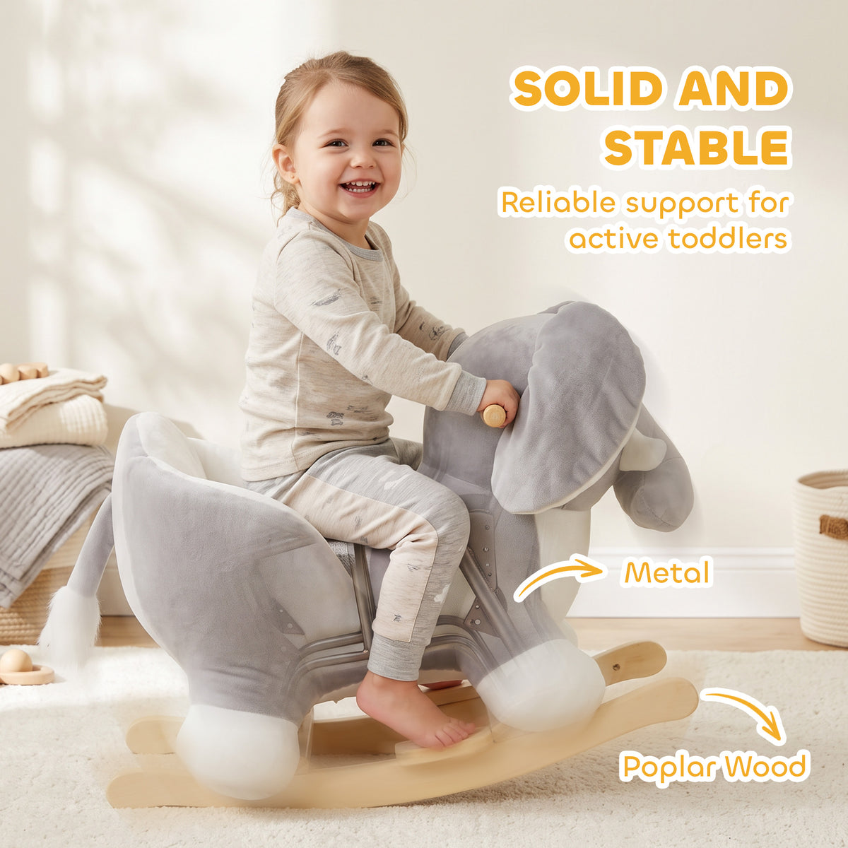 AIYAPLAY Elephant Rocking Horse, Plush Ride on Horse with Animal Sounds, Security Belt, Rocking Stopper for 18-36 Months, Grey