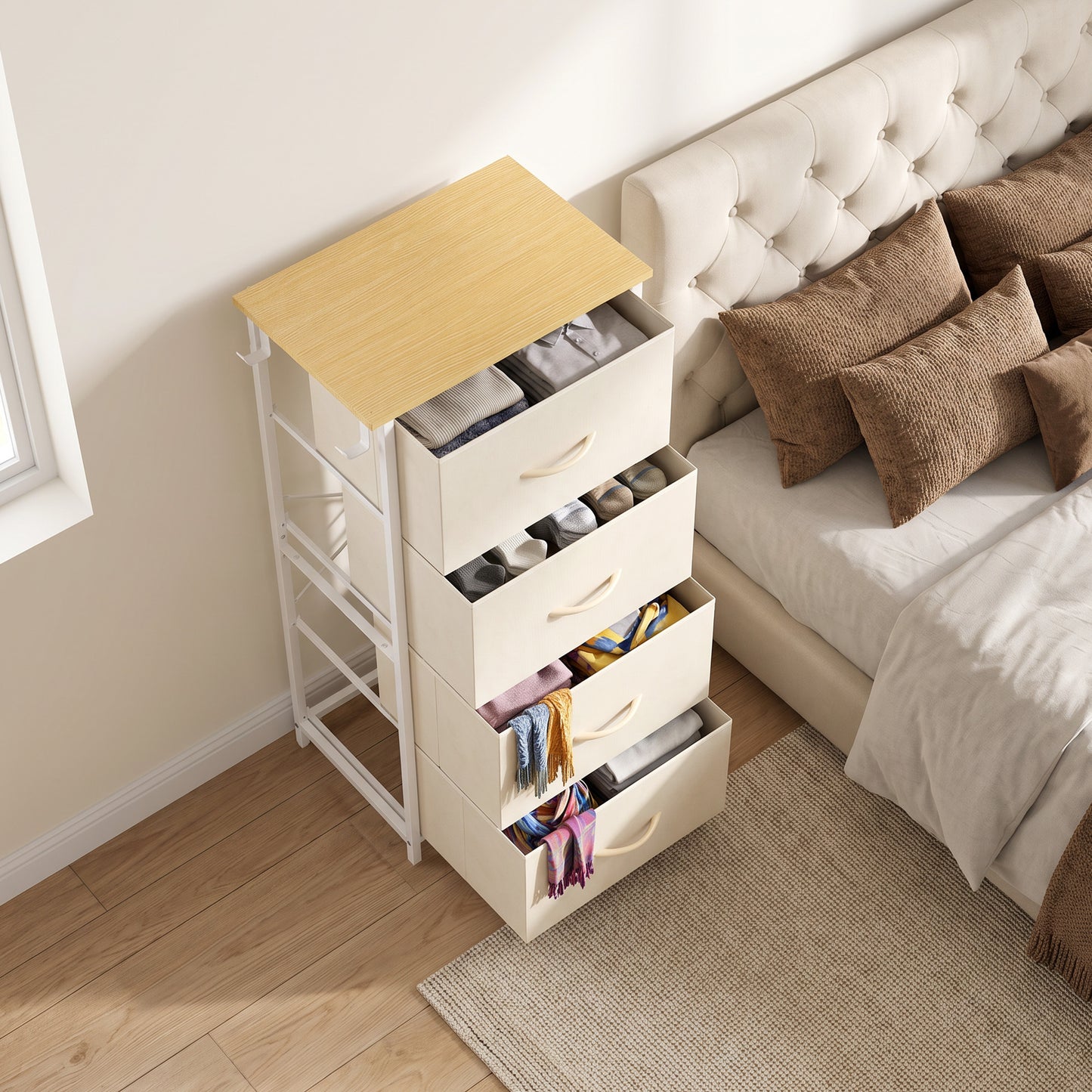 HOMCOM Chest of Drawers with 4 Fabric Drawers, Tall Storage Unit with 2 Hooks and Steel Frame for Bedroom, Beige