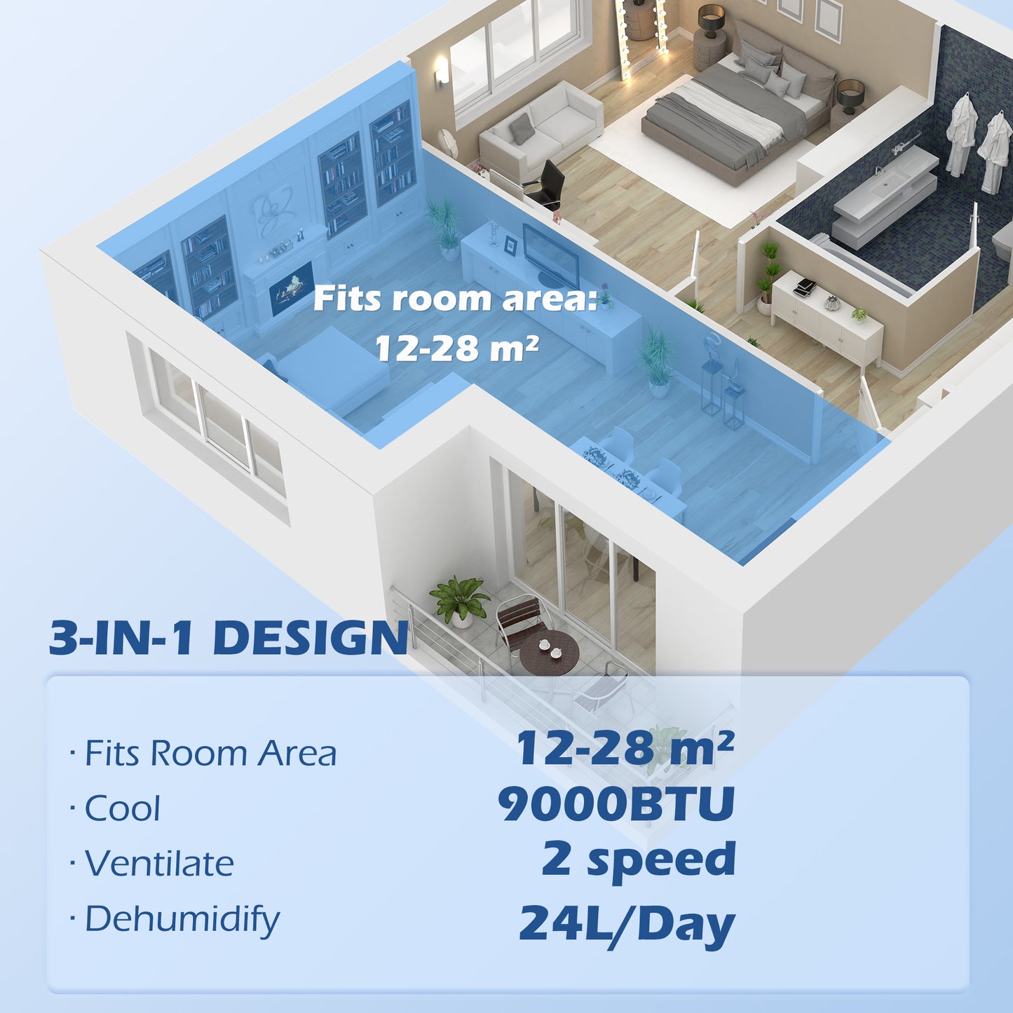 HOMCOM 9,000 BTU Mobile Air Conditioner for Room up to 28mÂ², with Dehumidifier, 24H Timer, Wheels, Window Mount Kit