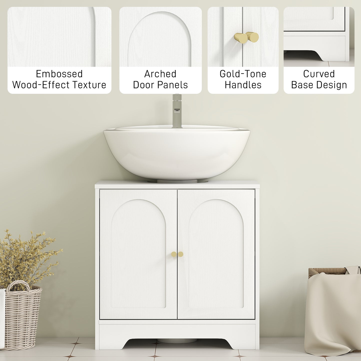 HOMCOM Under Sink Bathroom Cabinet with 2 Arch Doors - White
