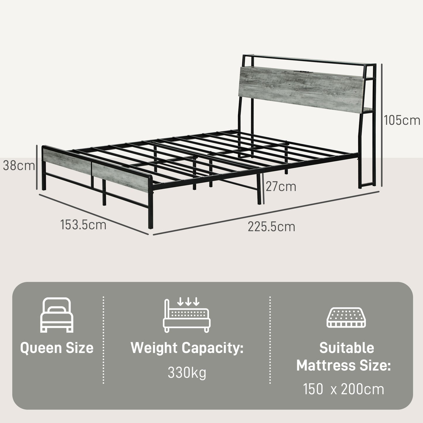 HOMCOM King Steel Bed Frame, with LED Lights and Headboard Shelf - Grey