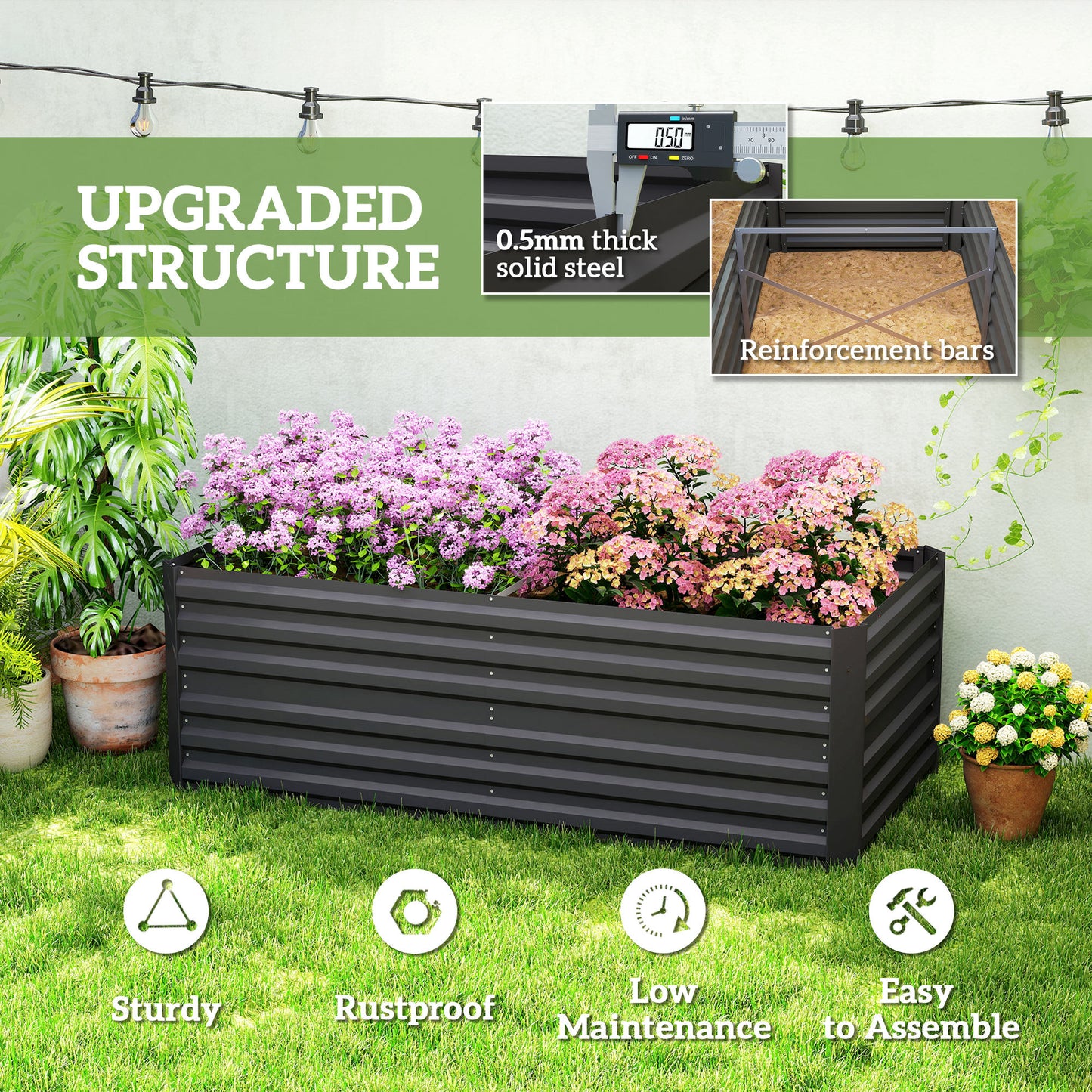 Outsunny Raised Beds for Garden, Galvanised Steel Outdoor Planters with Multi-reinforced Rods, 180 x 90 x 59 cm, Black