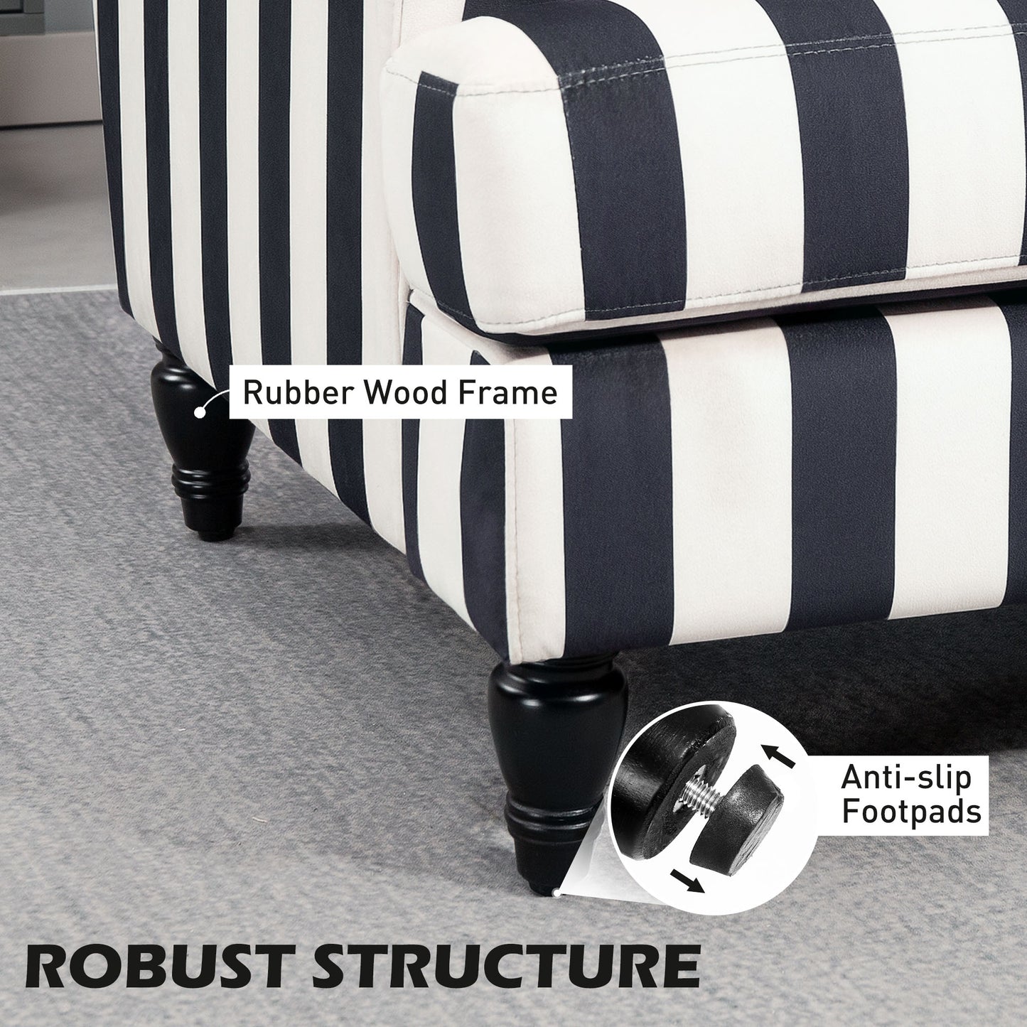 HOMCOM Modern Cuddle Chair, Velvet Single Sofa Armchair with Stripe, Turned Legs and Wide Seat, Upholstered Snuggle Chair for Living Room, Bedroom, Black and White