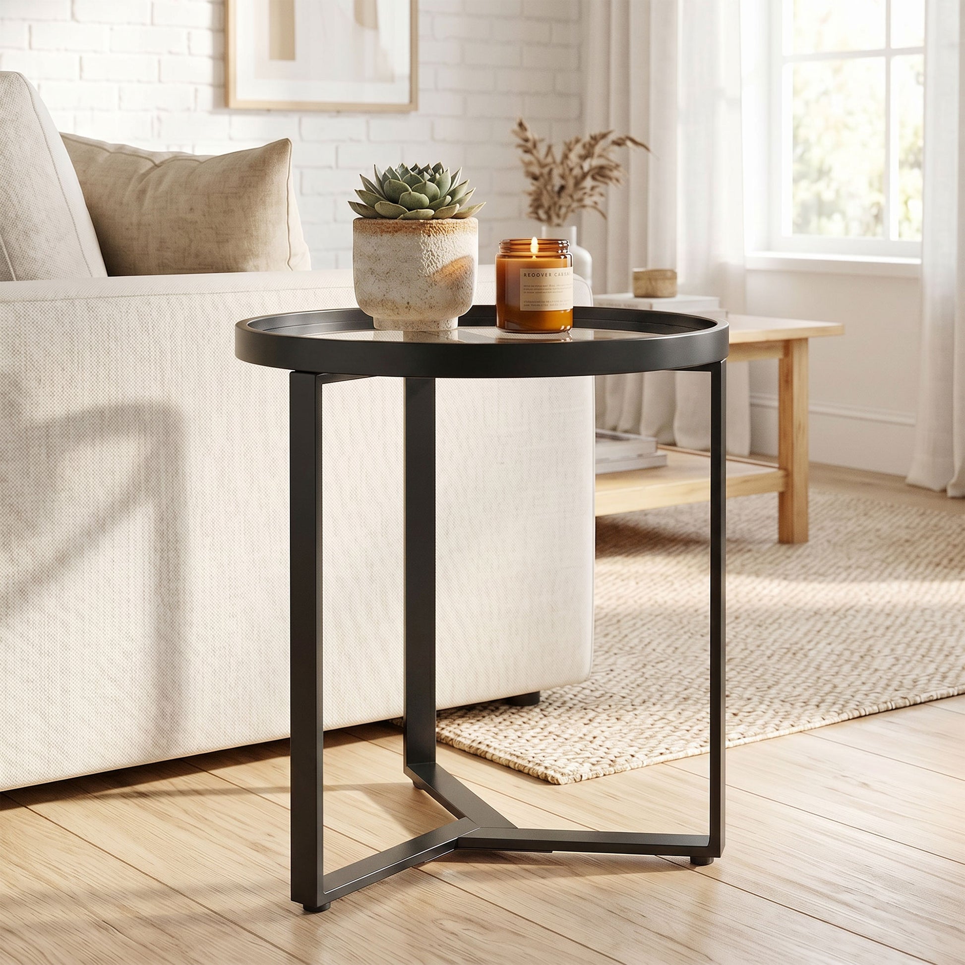 HOMCOM Round Side Table with Tempered Glass Top and Geometric Metal Frame for Small Space, Black