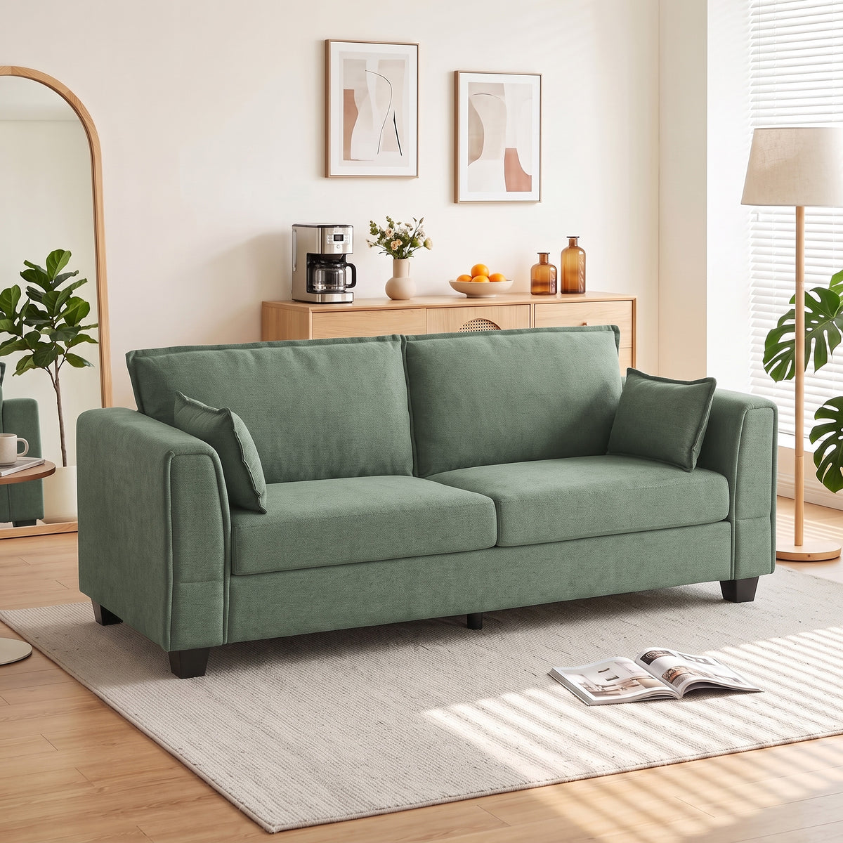 HOMCOM 3 Seater Sofa, Linen Upholstered Sofa Couch with Spring Cushions, Thick Padding, Wide Padded Armrests, Green