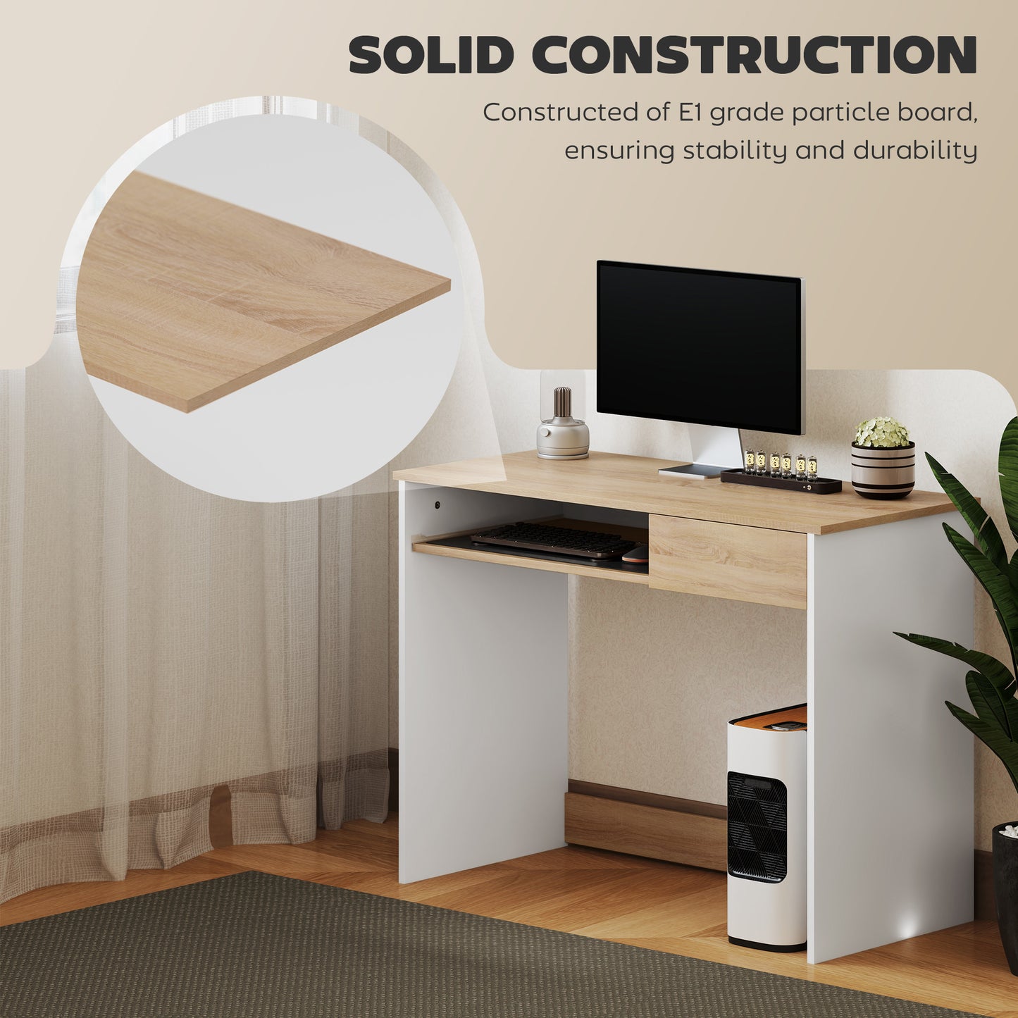 HOMCOM 100cm Compact Computer Desk with Keyboard Tray, Home Office Desk with Drawer for Bedroom Study, Oak