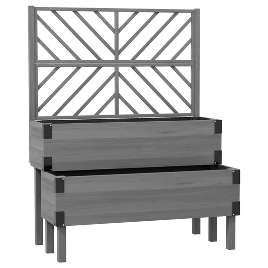 Outsunny Raised Garden Bed with Trellis, 2-Tier Wooden Elevated Planter Box for Vegetables, Flowers, Herbs, Grey