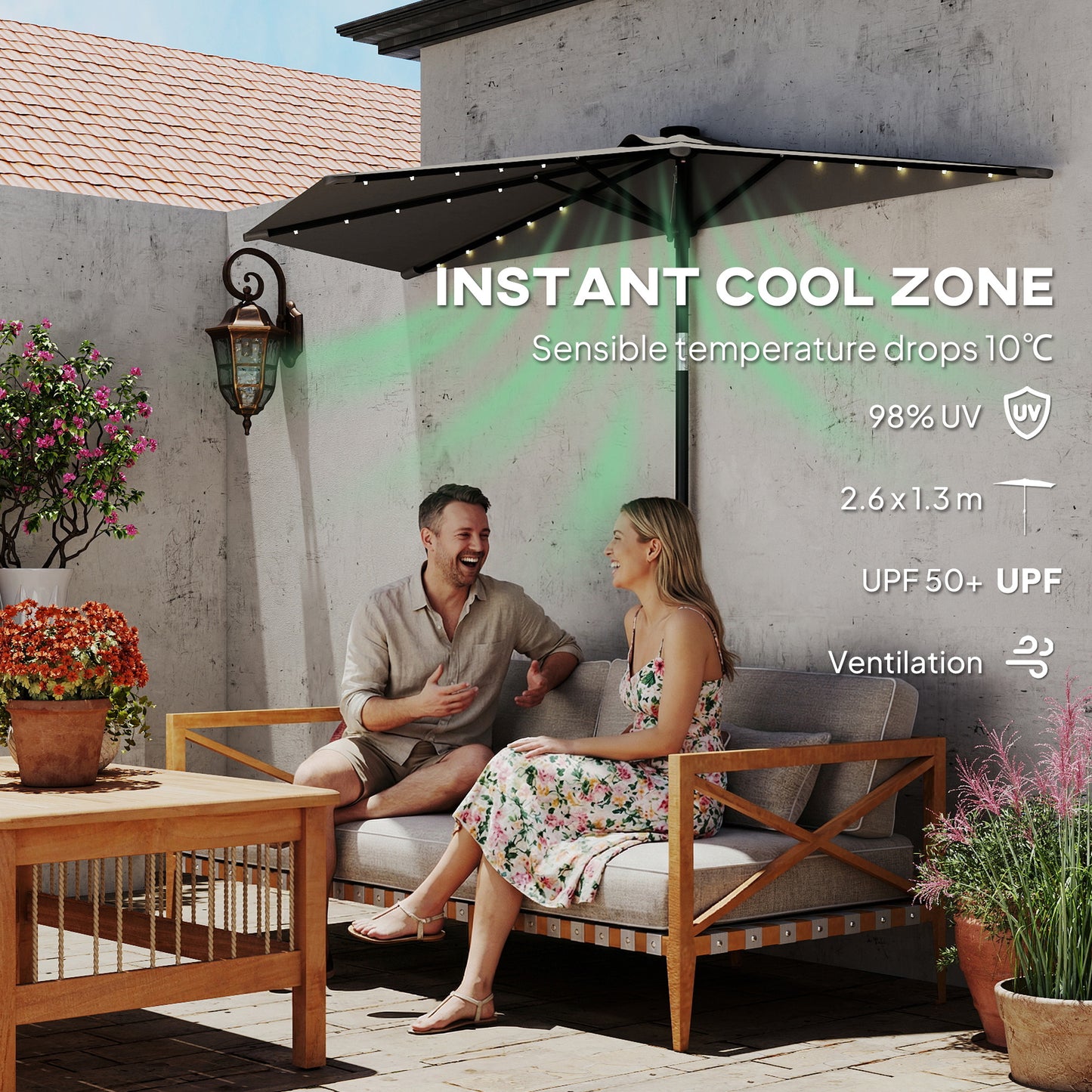 Outsunny 2.6 m Half Garden Parasol with Solar LED Lights, UPF50+ Semi Round Umbrella with 30Â° Tilt, Crank Handle, Dark Grey