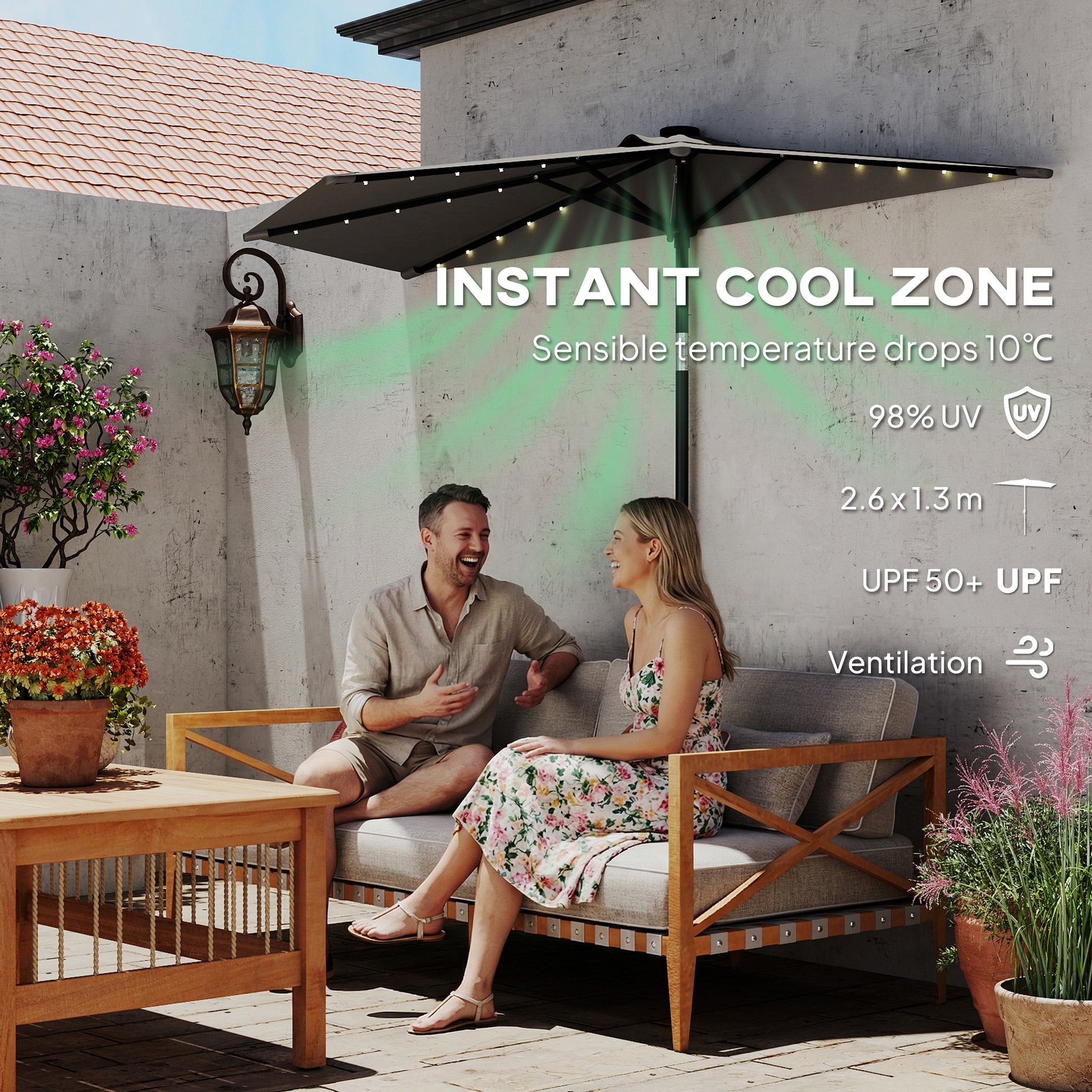 Outsunny 2.6 m Half Garden Parasol with Solar LED Lights, UPF50+ Semi Round Umbrella with 30Â° Tilt, Crank Handle, Dark Grey