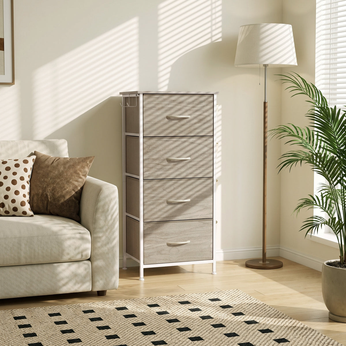 HOMCOM Chest of Drawers, Dresser with 4 Fabric Drawers, Tall Storage Unit with 4 Pockets and 2 Hooks, Steel Frame, Natural Wood
