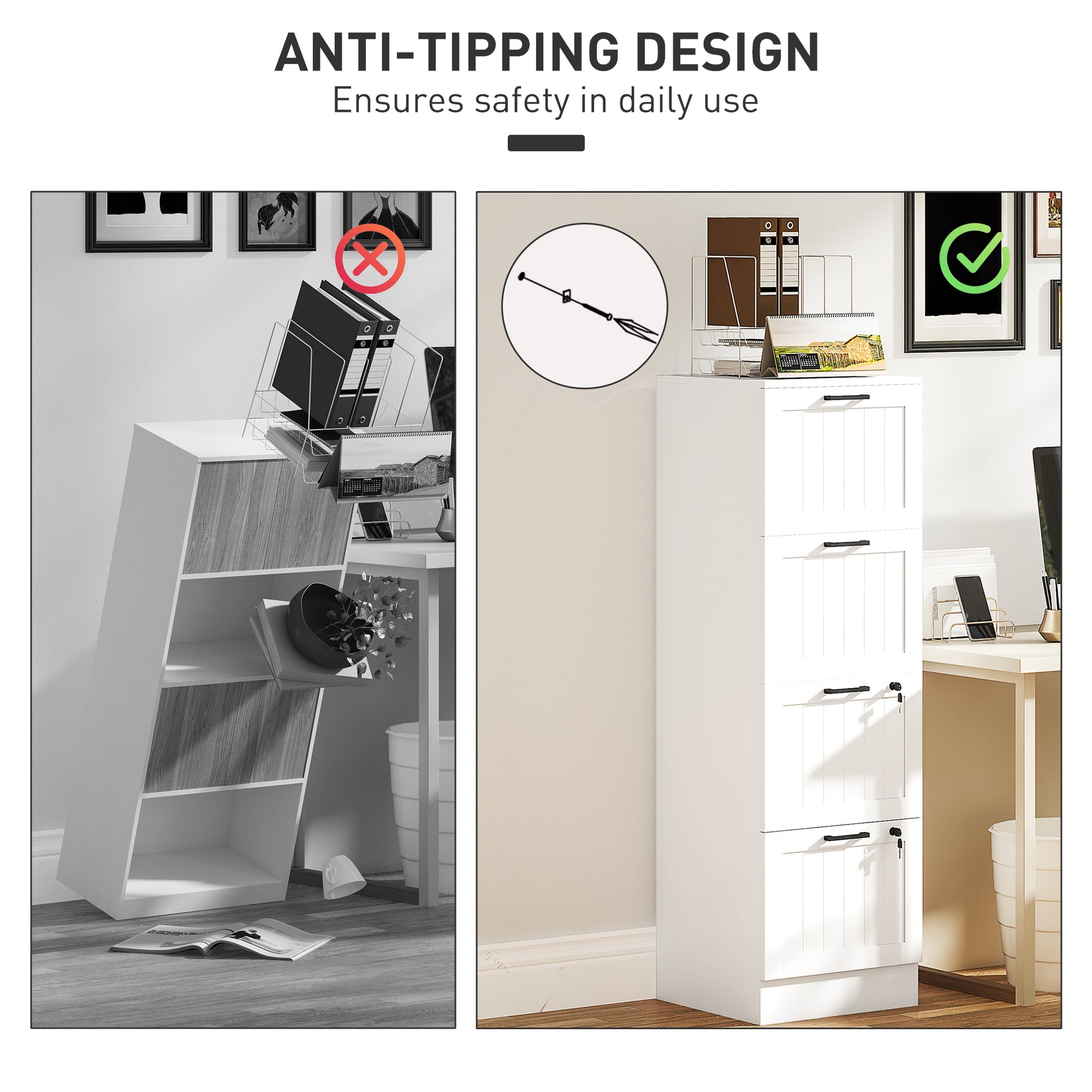 HOMCOM 4 Drawer Filing Cabinet with Lock, Office Storage Cabinet with Adjustable Hanging Bars for A4 Letter Size Files, White