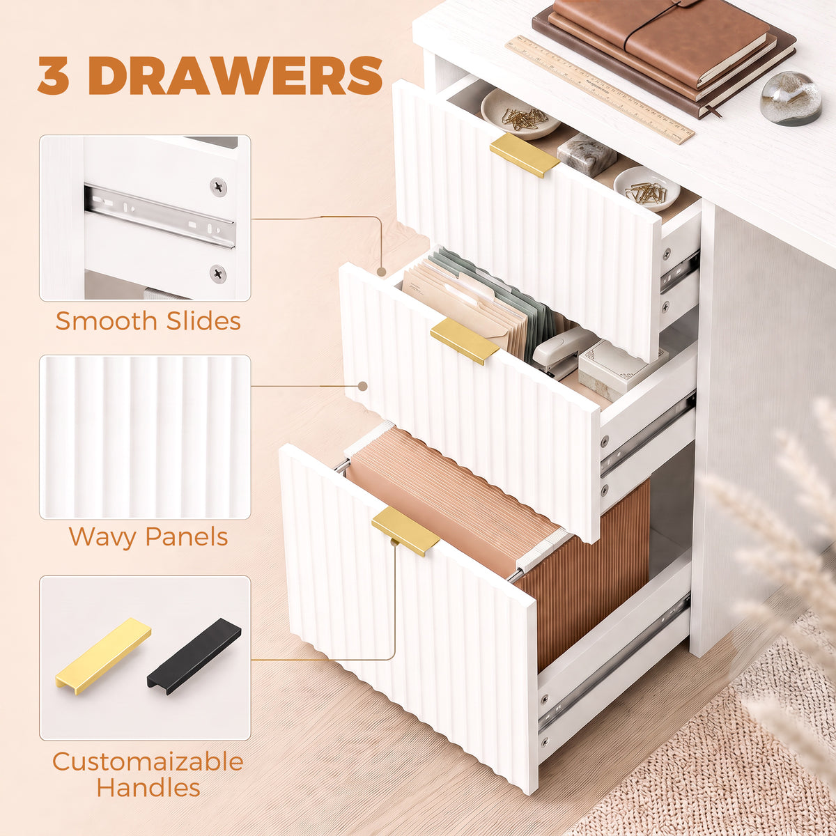HOMCOM Computer Desk with 3 Drawers Reversible Home Office Desk 120 cm, White