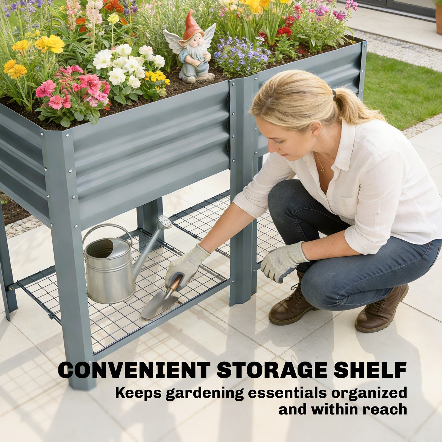 Outsunny Raised Garden Bed with Storage Shelf Steel Elevated Planter Box with Legs for Outdoor Vegetables Flowers