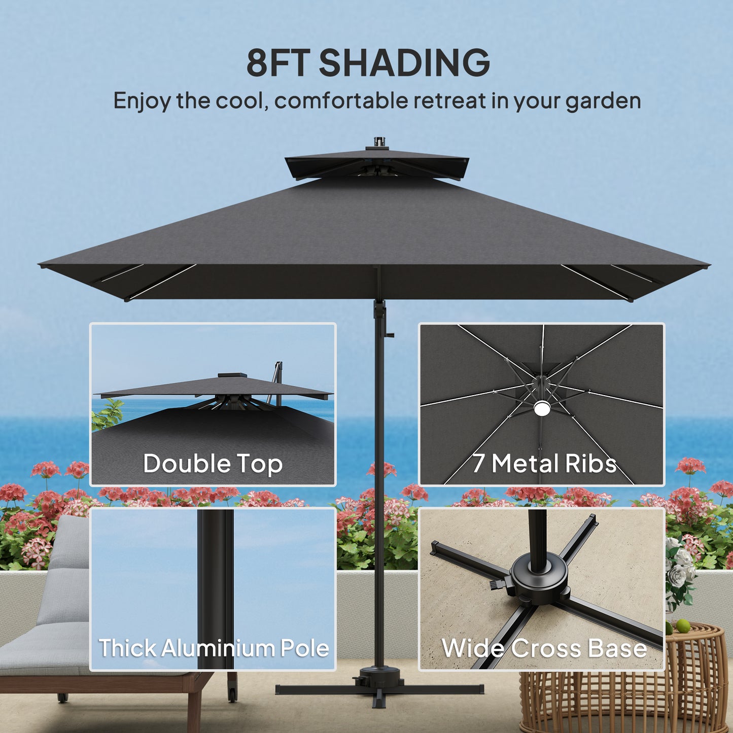 Outsunny 2.5m Cantilever Parasol with Solar Powered LED Lights, 360Â° Rotation, Tilt Adjustment, Crank Handle, Dark Grey