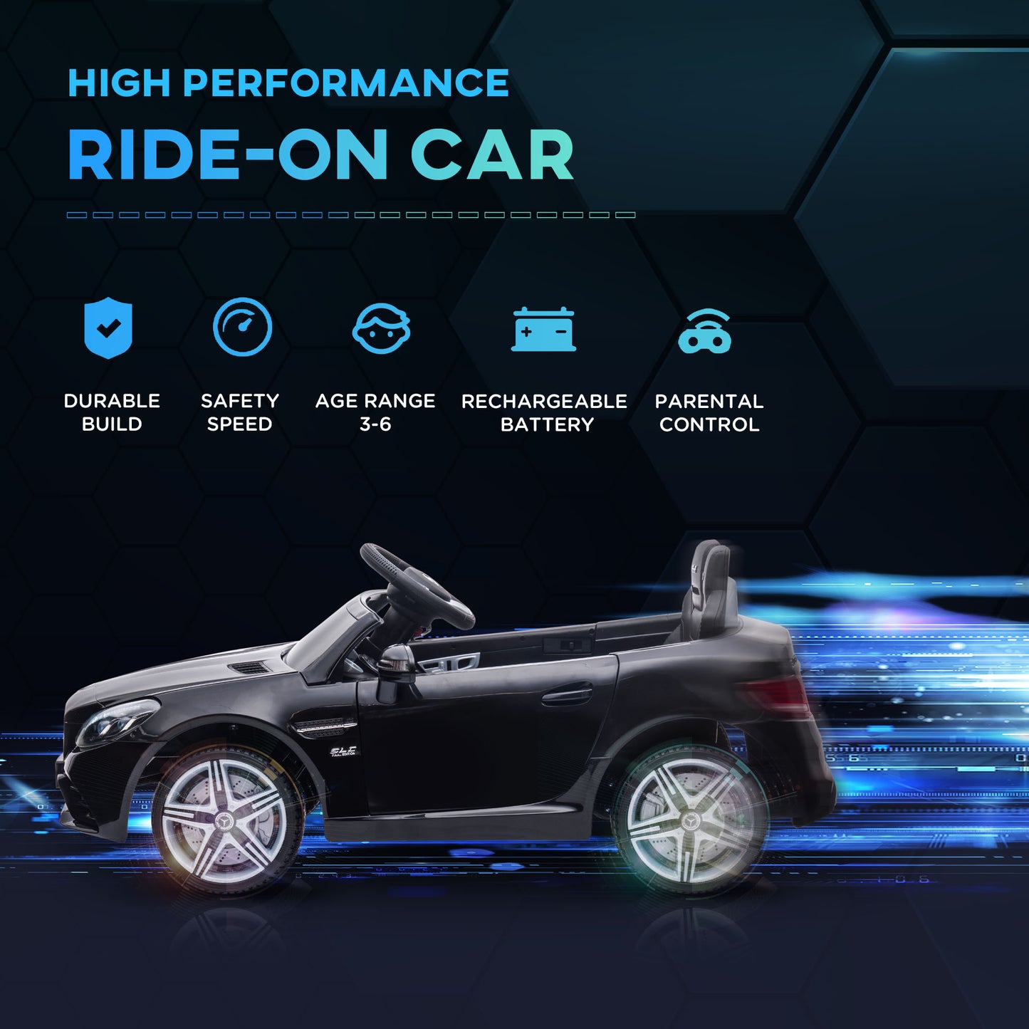 HOMCOM Benz SLC 300  Licensed 12V Kids Electric Ride On, with Music, Remote Control, LED Headlights, Horn, Black
