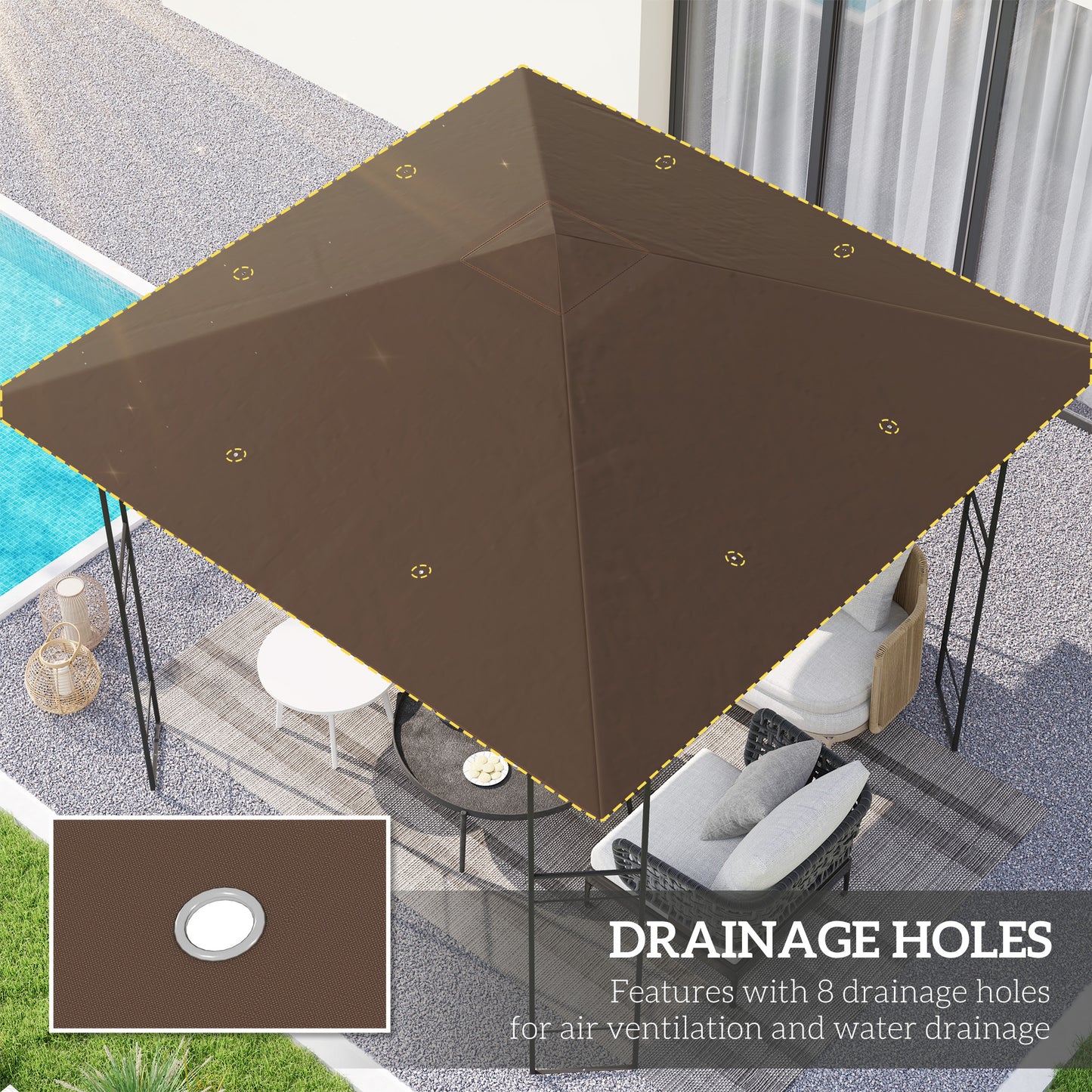 Outsunny 3 x 3(m) Gazebo Canopy Replacement Cover, Garden Gazebo Roof Replacement with Drain Holes, Water-resistant Plastic Coating, 370g/ãŽ¡, UPF30+, TOP COVER ONLY, Brown