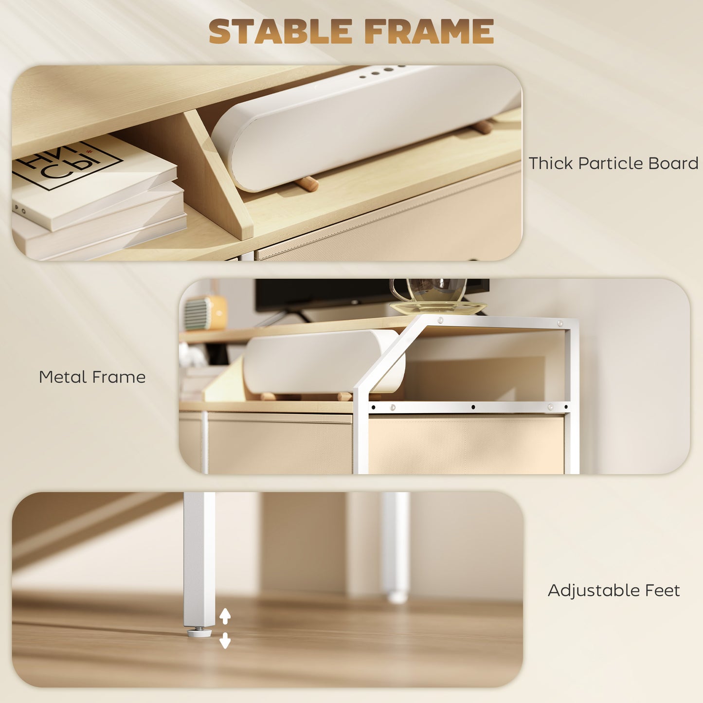 HOMCOM TV Stand Cabinet, TV Unit for 55-inch TVs with 2 Foldable Fabric Drawers, 5 Divided Side Pockets, Open Shelves, Console Table for Living Room, Bedroom, Entertainment Room, Natural Wood Finish