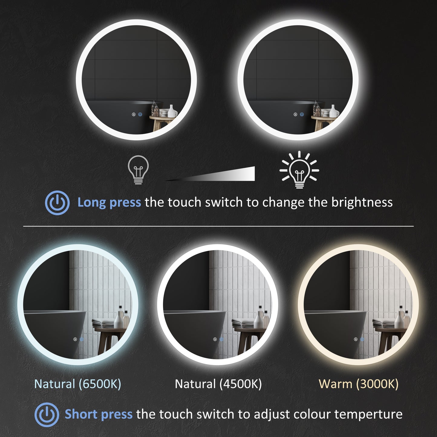 kleankin Round Bathroom Mirror with LED Lights, Wall-Mounted Dimmable Makeup Mirror with 3 Temperature Colours, Defogging Film, Memory Function, Hardwired, 70 x 70Â cm