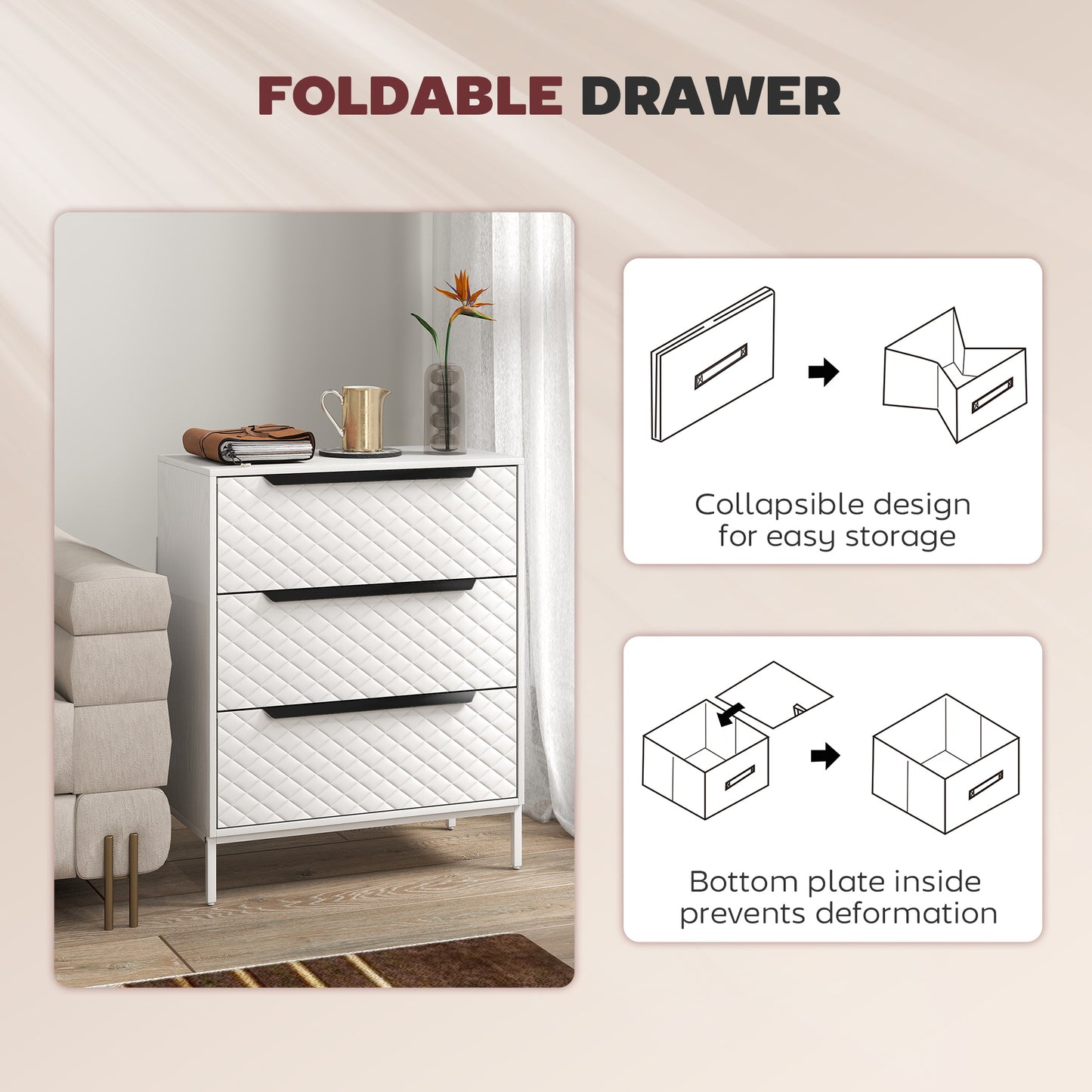 HOMCOM Chest of Drawers, Dresser with 3 Fabric Drawers and Aluminium Handles - White