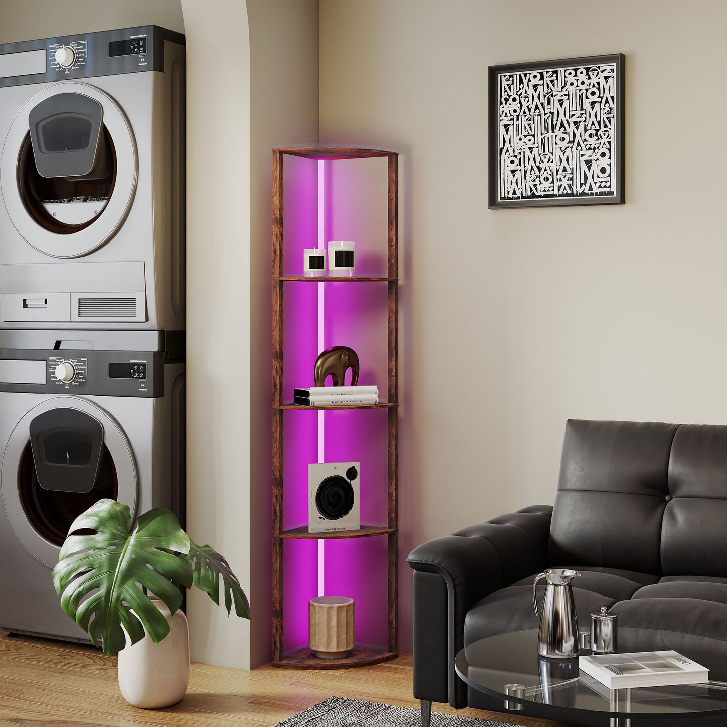 HOMCOM RGB LED Floor Lamp with Shelves, 5-Tier Dimmable Standing Lamp with Adjustable Brightness and Remote Control, Modern Corner Display Shelf Unit for Living Room Bedroom Office, Rustic Brown