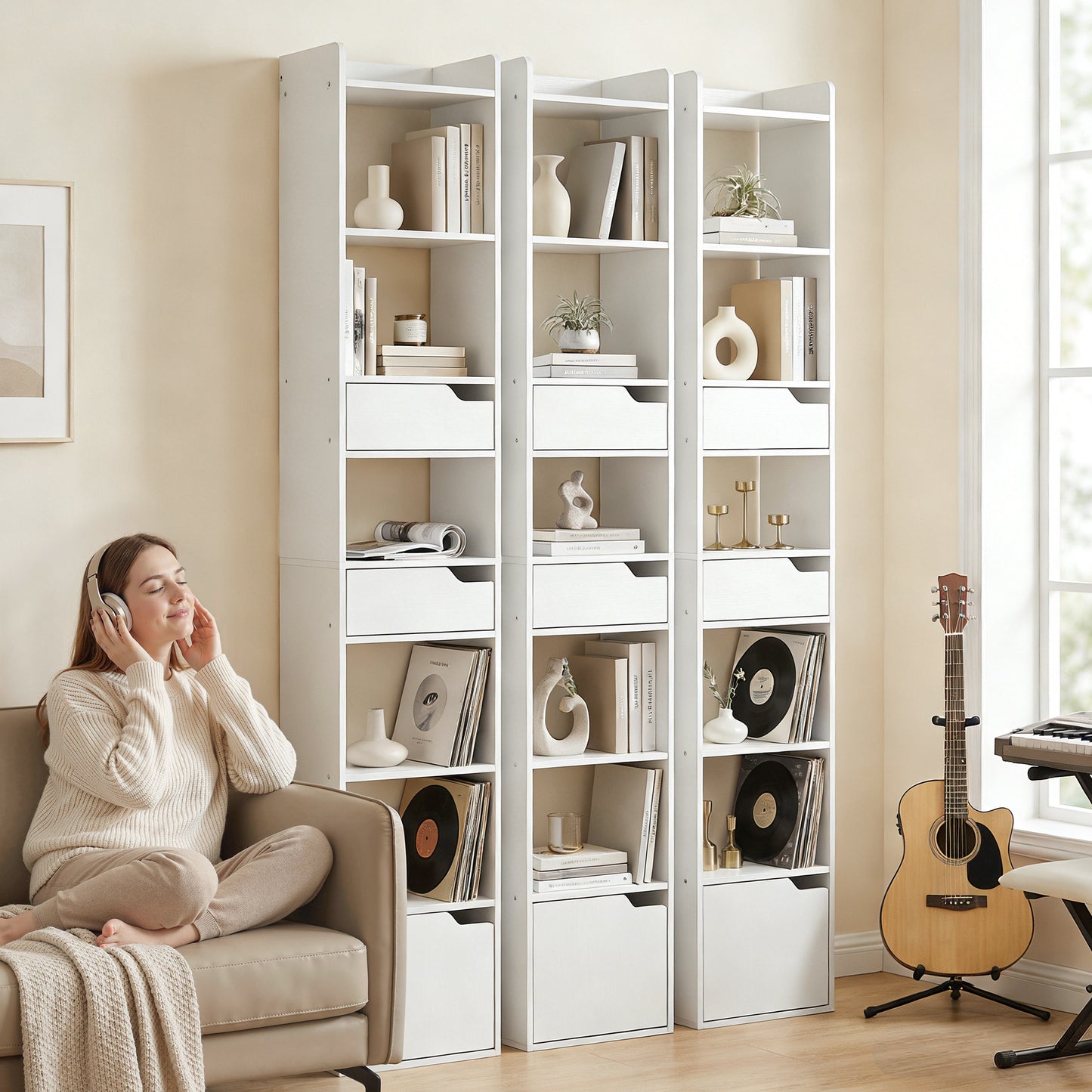 HOMCOM Bookcase Tall Narrow with 5 Tiers and Drawers Freestanding Bookshelf Storage Cabinet for Living Room White Wood Effect