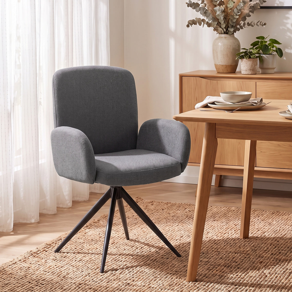 HOMCOM Swivel Accent Chair, Upholstered Linen-Look Armchair with Curved Backrest, Wrapped Armrests for Living Room, Grey