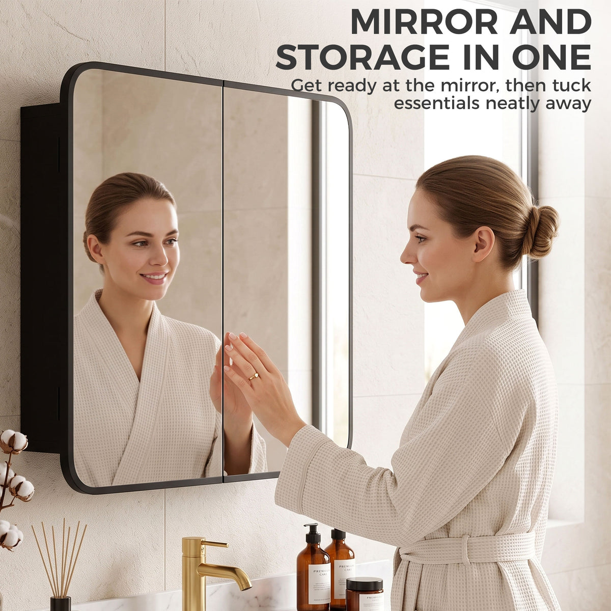 HOMCOM Bathroom Medicine Mirror Cabinet, Bathroom Wall Cabinet with Storage, Magnetic Doors and Adjustable Shelf, Black