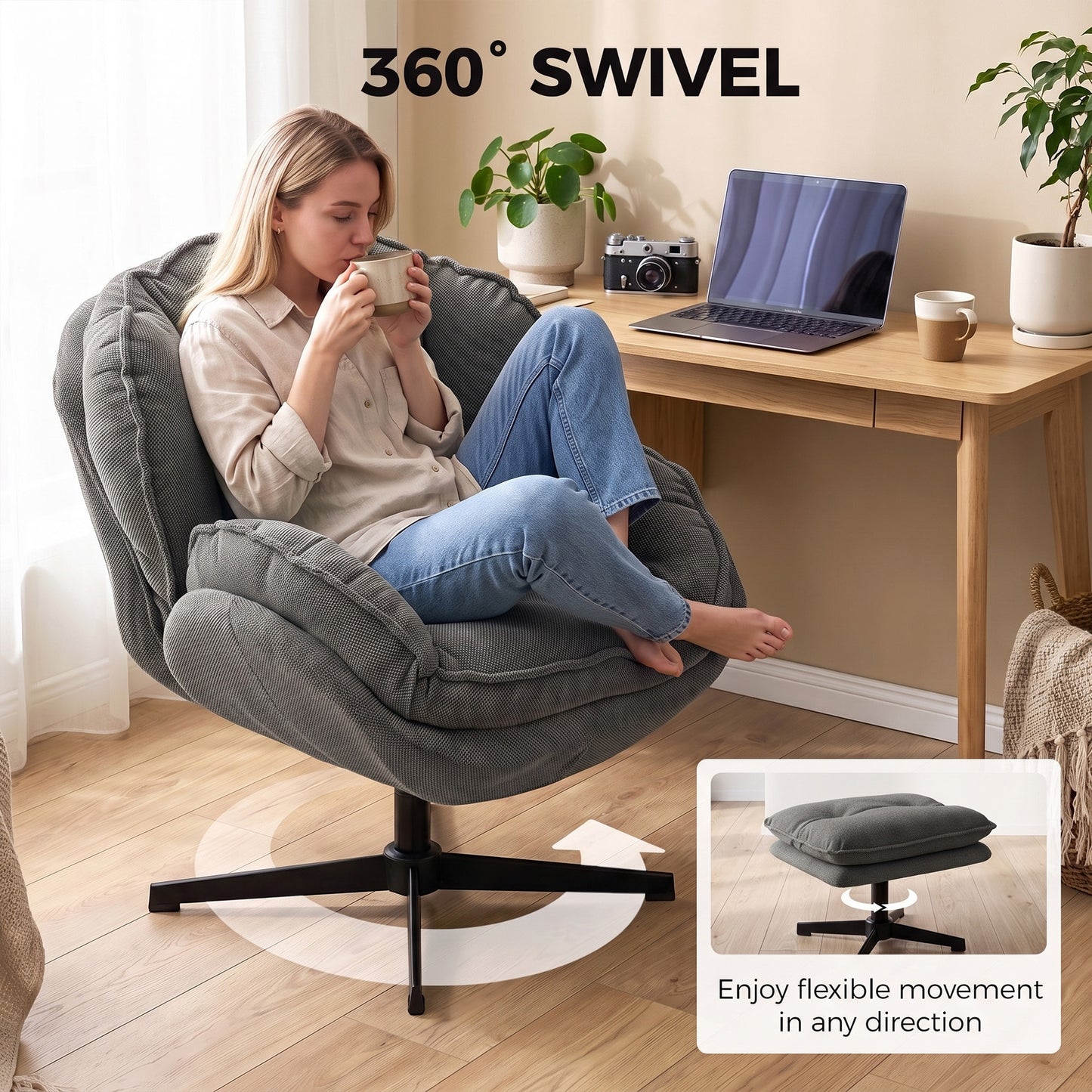HOMCOM Armchair with Adjustable Footstool, 360Â° Swivel Chenille Cloud Accent Chair with Thick Cushion, Steel Base, Grey