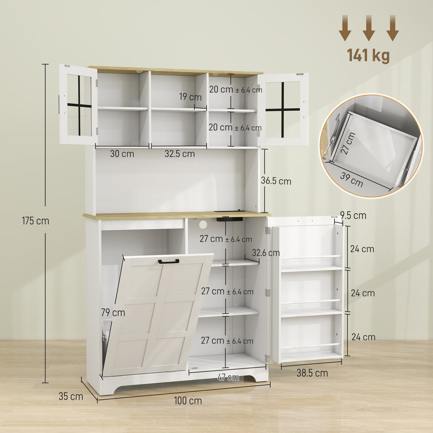 HOMCOM 175cm Tall Kitchen Cabinet, Kitchen Cupboard with Rubbish Bin Cabinet, 3 Door Shelves and 2 Acrylic Doors, White