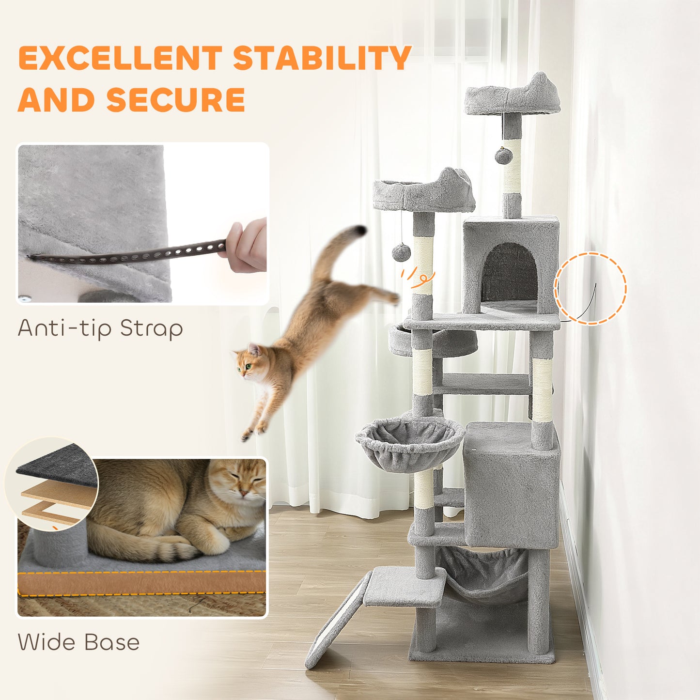 PawHut Cat Tree, 192 cm Large Multi-Level Cat Tower for Indoor Kittens with 8 Scratching Posts, 3 Plush Beds, 2 Hammocks