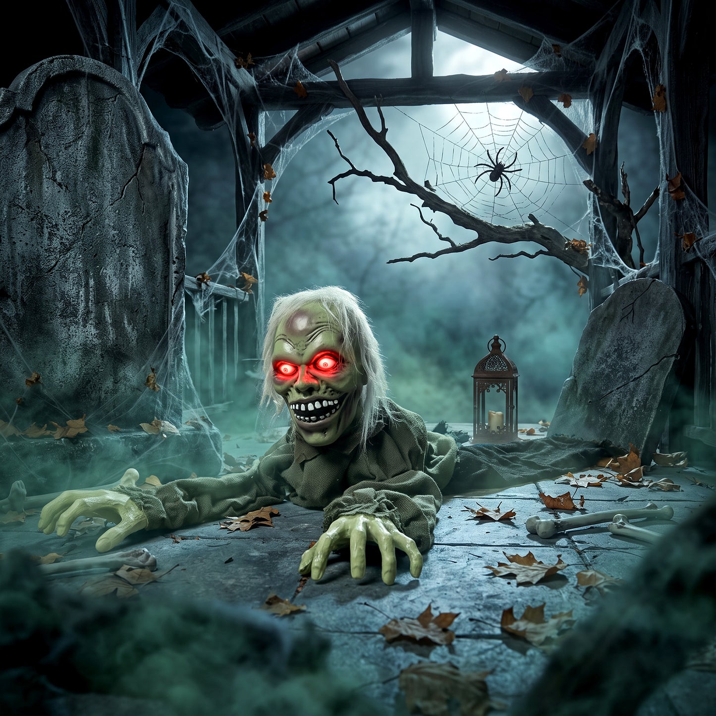 HOMCOM Halloween Decoration Halloween Animatronic Crawling Zombie with Light-Up Eyes and Creepy Sound