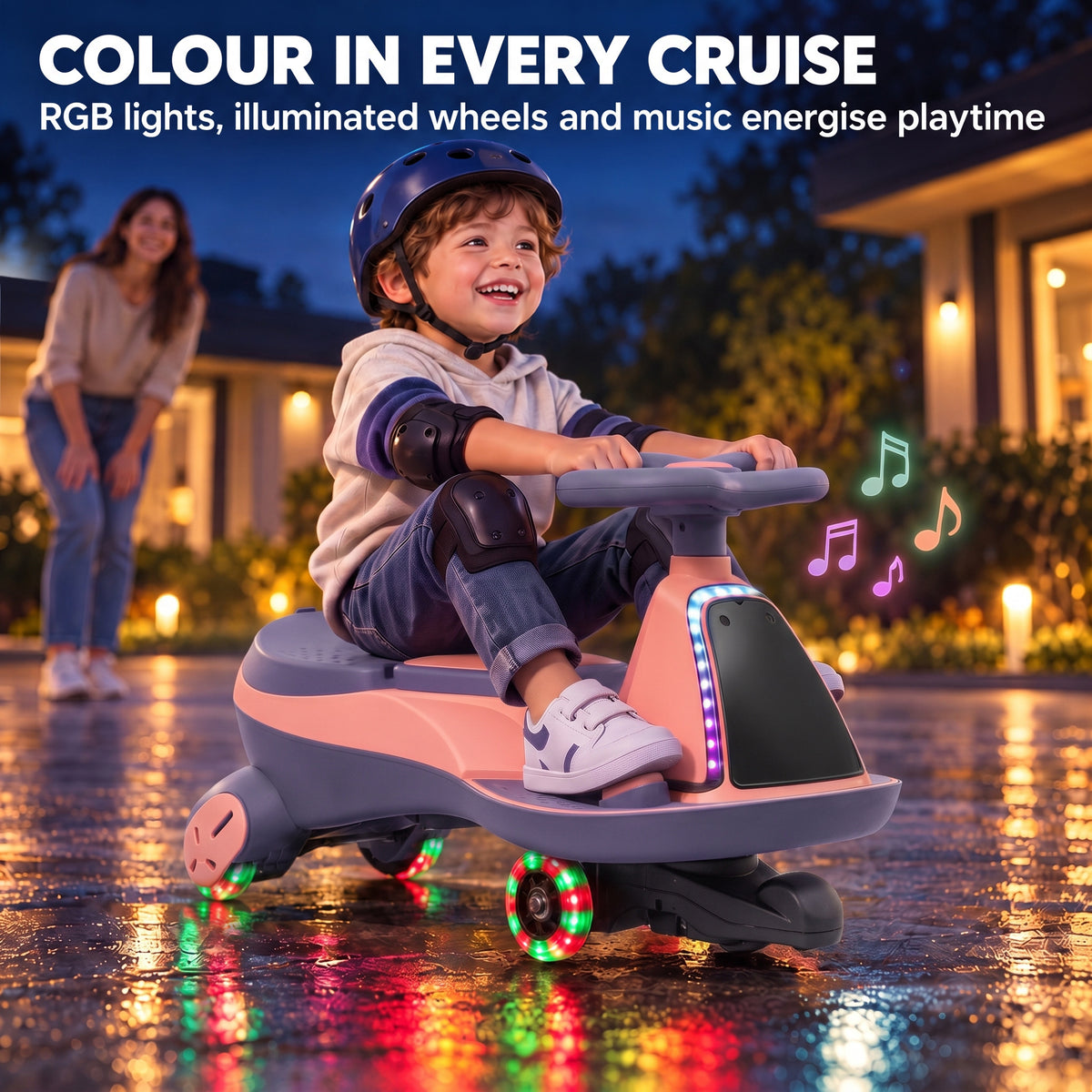 AIYAPLAY 12V Electric Wiggle Car, 2-In-1 Kids Ride On Toy with 2 Speeds, Soft Start, PU Wheels, RGB Lights, Up to 60 kg, Pink