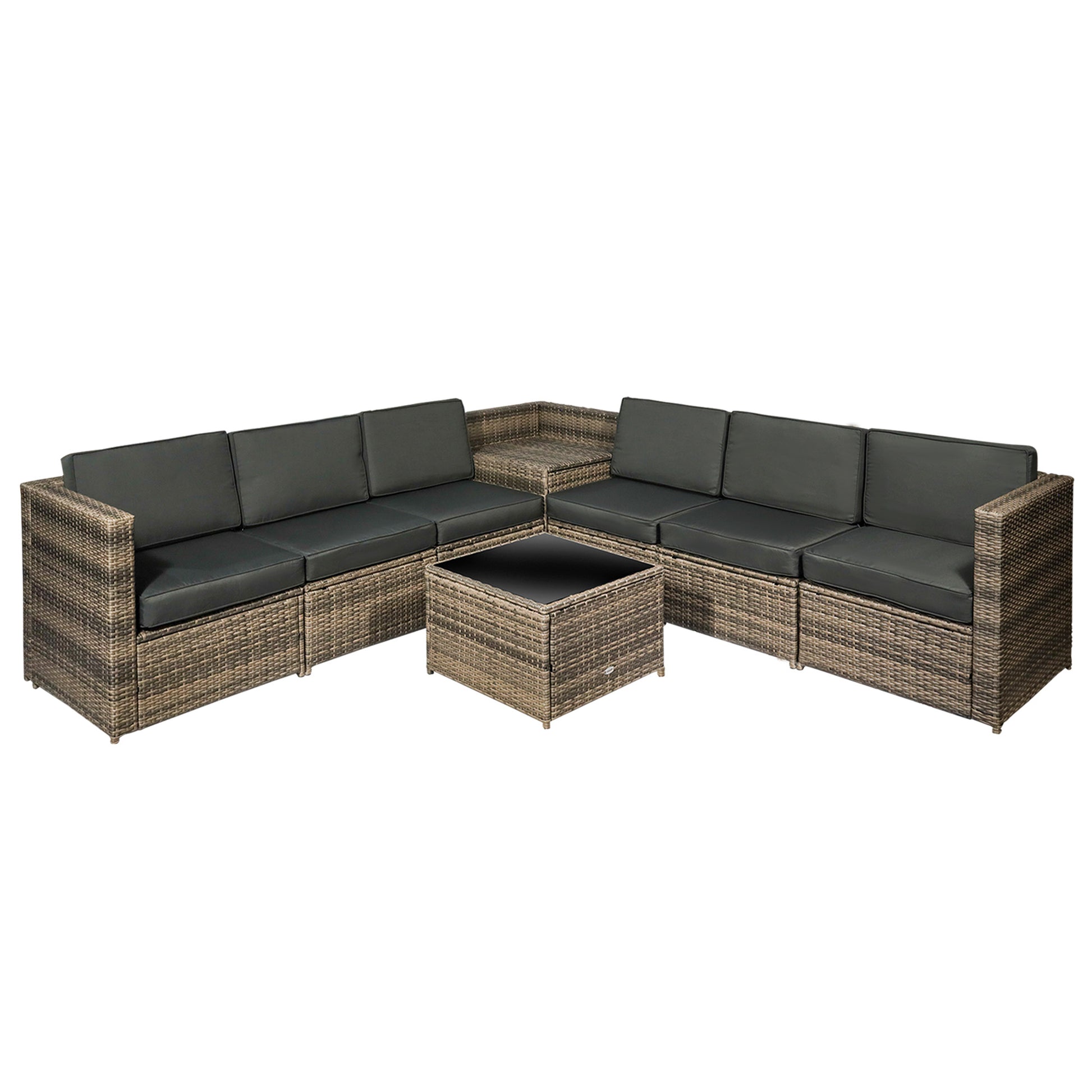 Outsunny 8 Pieces Outdoor PE Rattan Sofa Set with Cushions and Glass Top Coffee Table, Mixed Brown Default Title