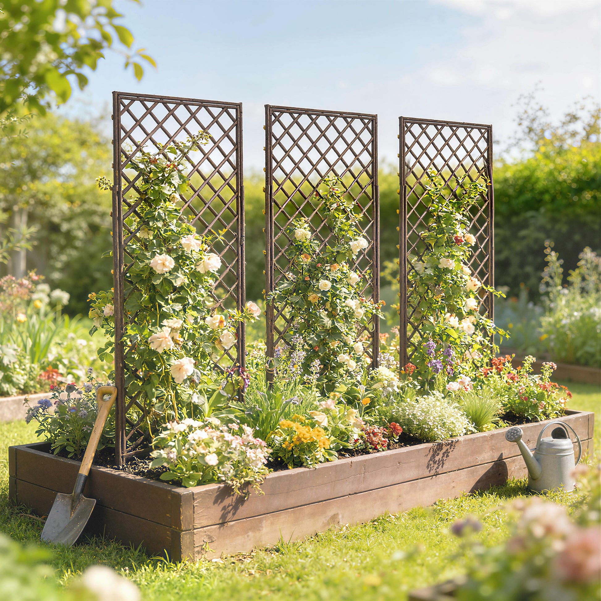 Outsunny Garden Trellis, Decorative Trellis Panels for Climbing Outdoor Plants, Natural Wood Finish