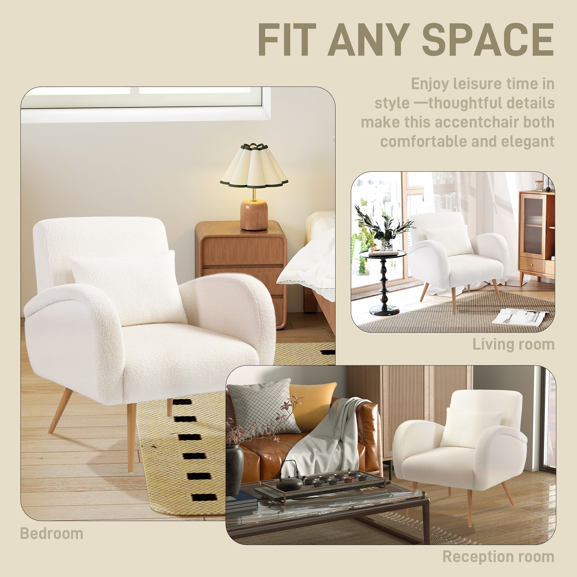 HOMCOM Teddy Fleece Accent Chair - Cream White