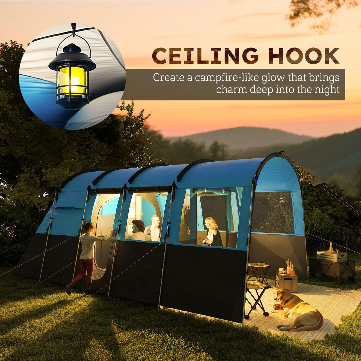Outsunny 4-Person Camping Tent, Waterproof Family Tent, Tunnel Design, 4 Large Windows, Sleeping Cabins 3000mm Water Column Blue