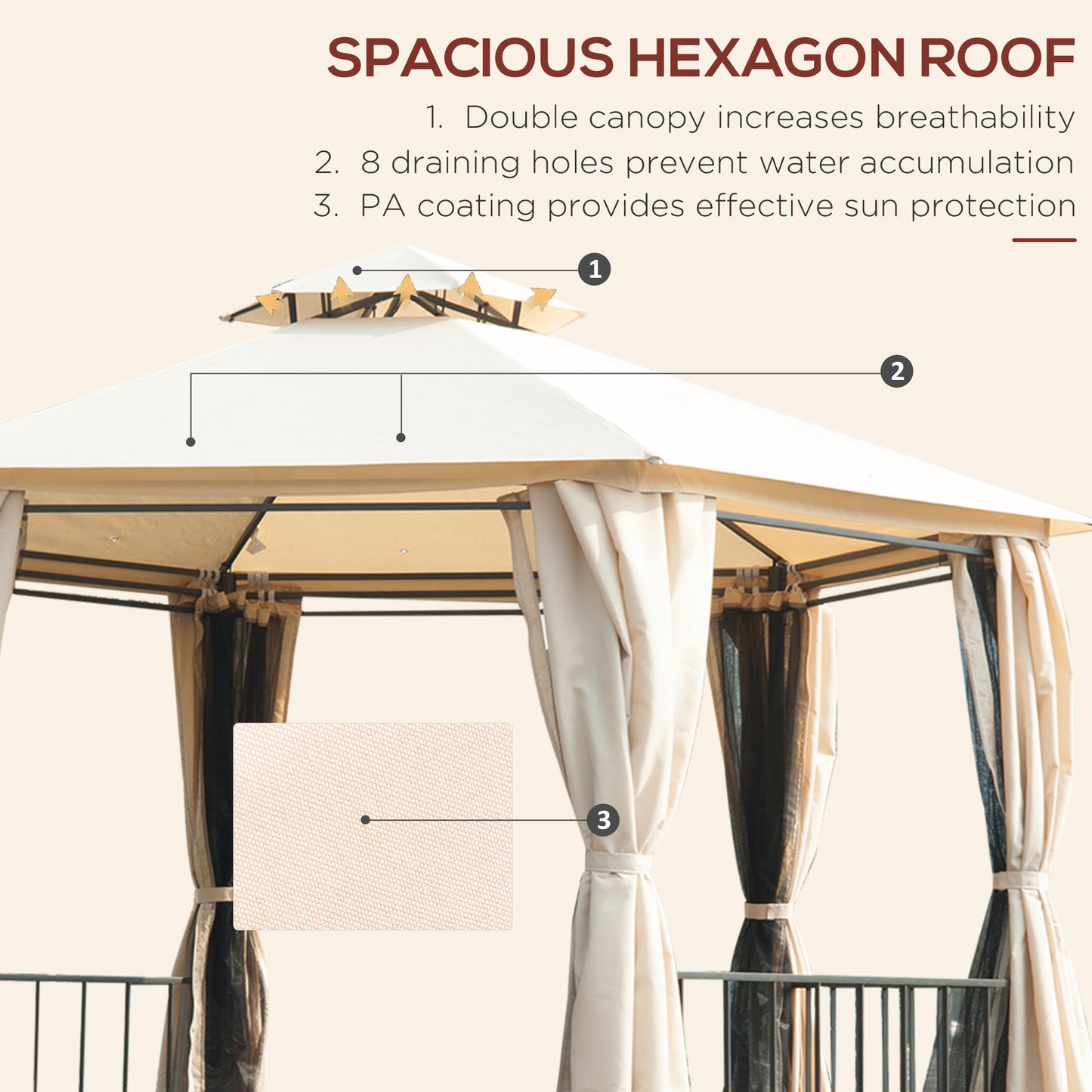 Outsunny 3 x 3 Hexagon Gazebo Patio Canopy Party Tent Outdoor Garden Shelter with 2 Tier Roof and Side Panel, Beige