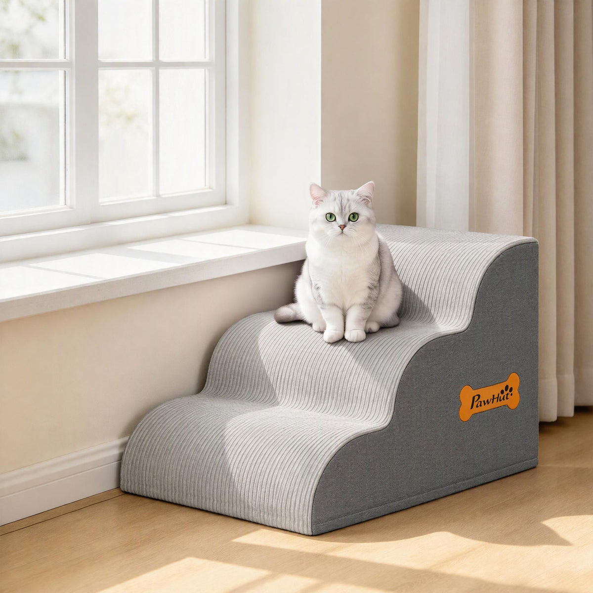 PawHut Dog Steps for Bed and Sofa, 3-Step Non-Slip Dog Stairs with Removable Washable Cover, Carry Handle, Light Grey