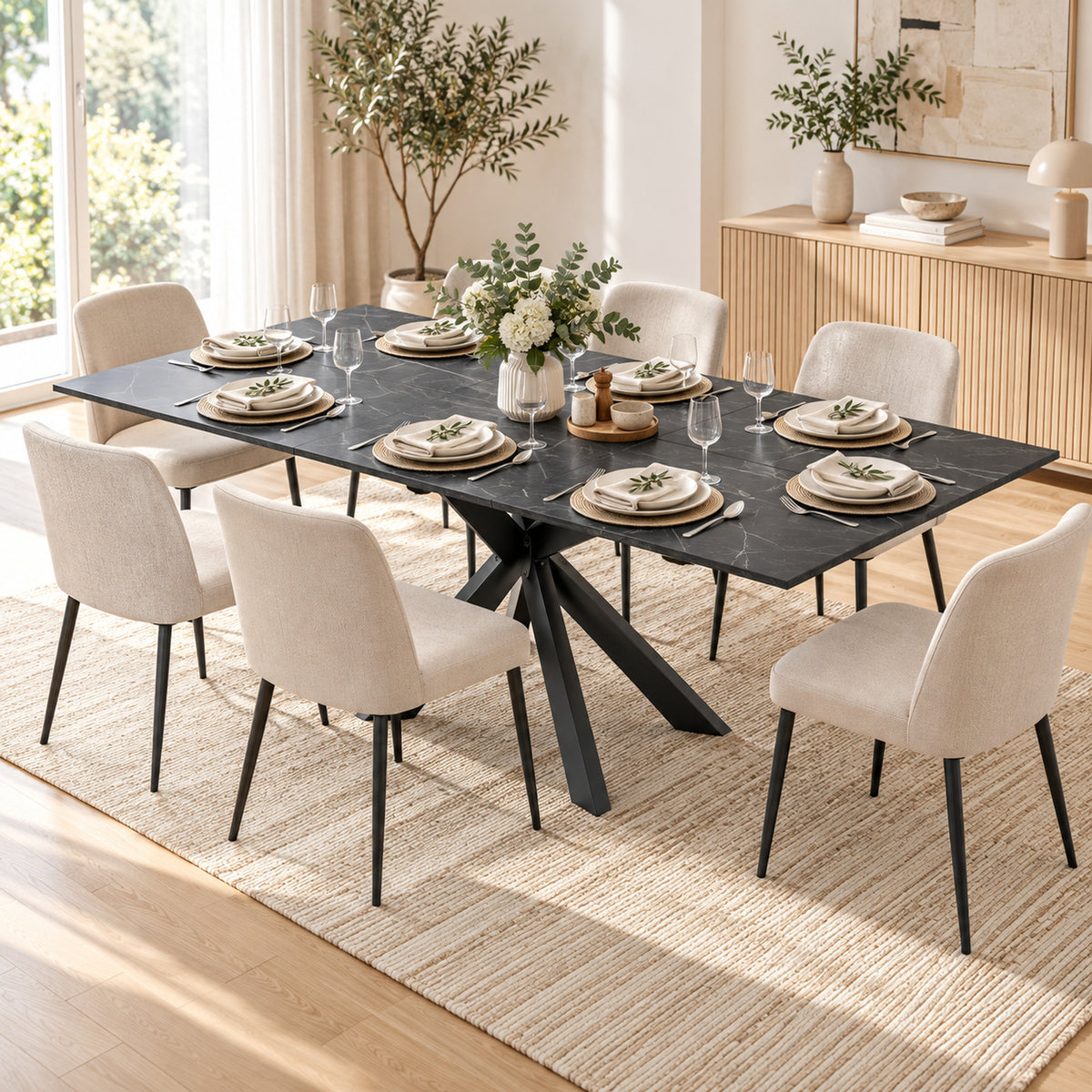 HOMCOM Extendable Dining Table Steel Cross Legs Steel Rails Space Saving Black