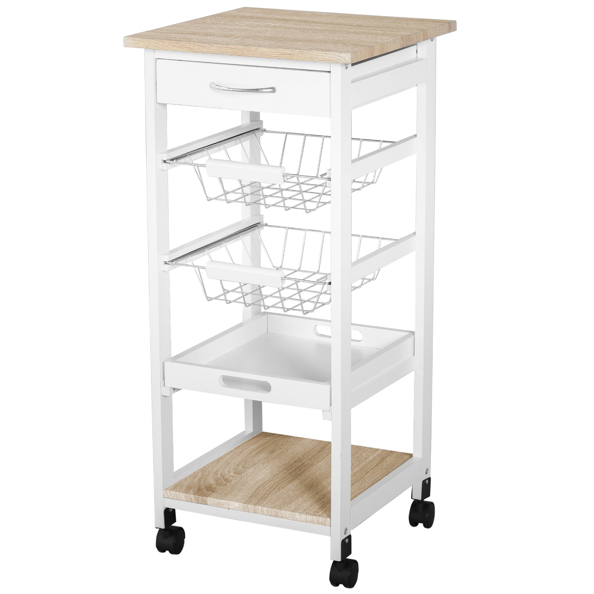 HOMCOM Mobile Rolling Kitchen Island Trolley for Home w/ Metal Baskets Trays Shelves Wheels Compact Stylish Storage White Default Title