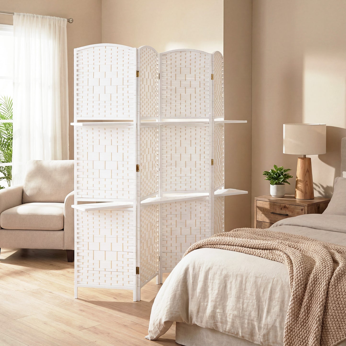 HOMCOM Freestanding Privacy Screen, 4 Panel Folding Room Divider for Living Room, Bedroom and Office, 160 x 170cm, White