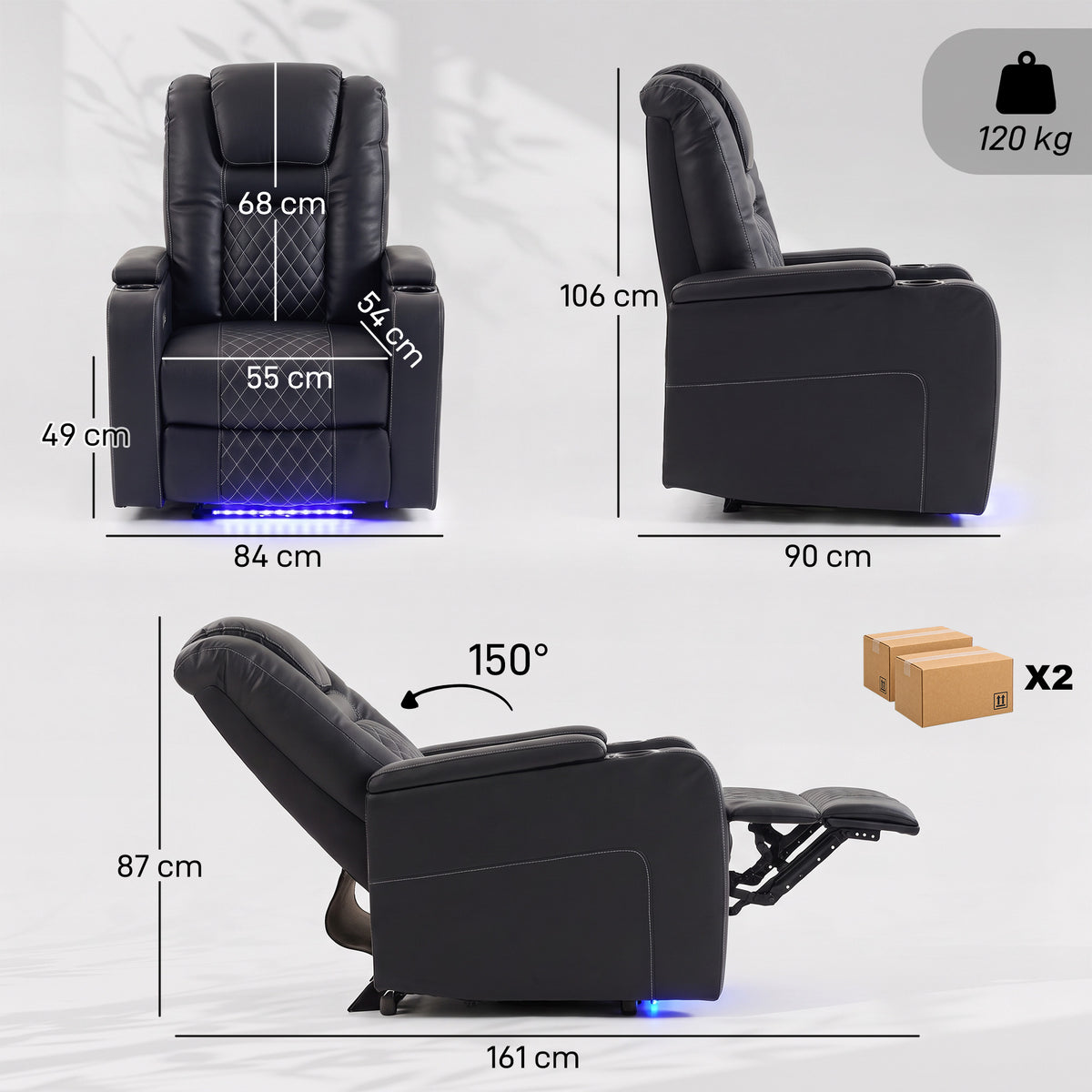 HOMCOM Electric Recliner Chair, Air Leather Recliner Armchair with LED Light, Wide Spring Cushion, USB-A and USB-C Ports, Black