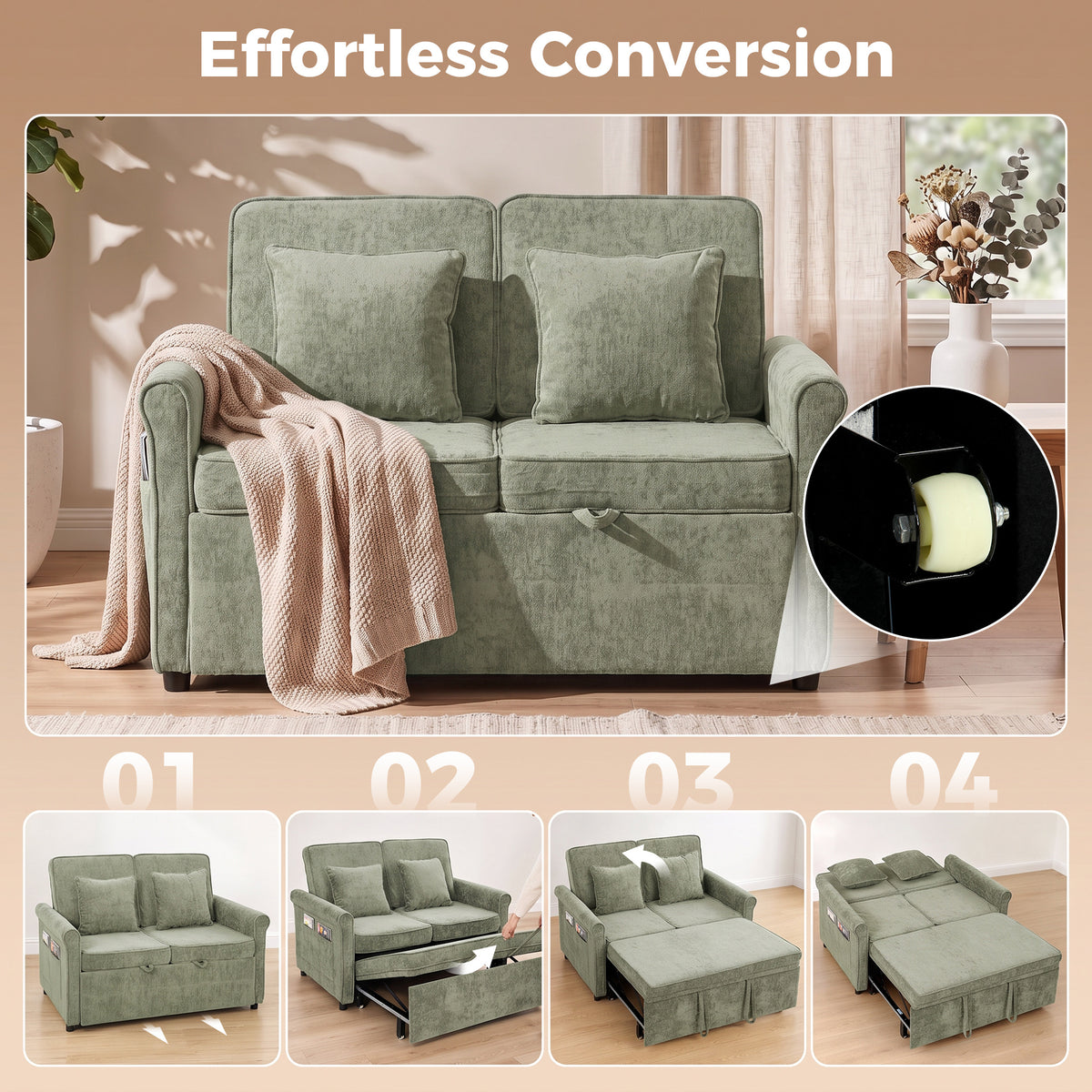 HOMCOM 2 Seater Sofa Bed 3-in-1 Convertible Chenille Pull Out Sleeper Sofa with 5-Position Adjustable Backrest, Light Green